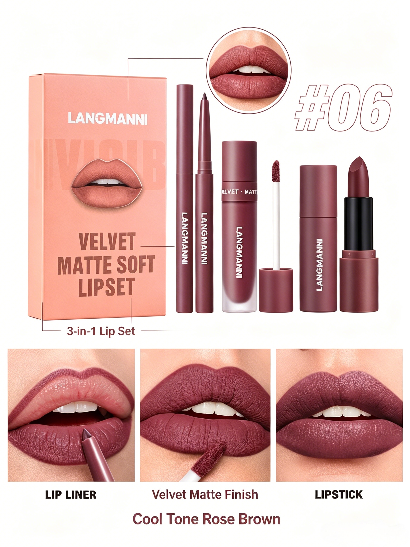 LANGMANNI Velvet Matte Lip Set #06: Cool Rose Brown (Liner, Liquid, Lipstick)