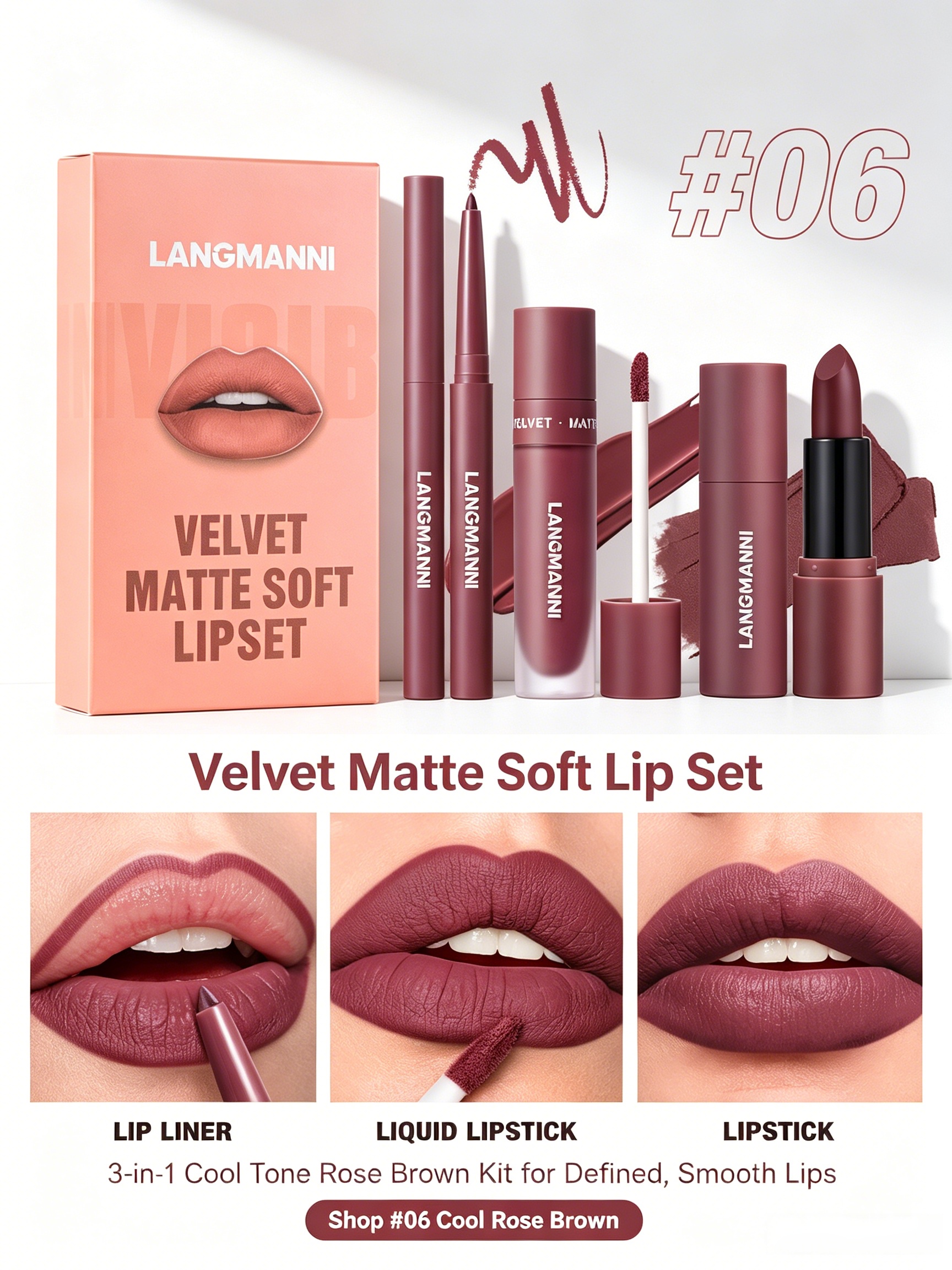 LANGMANNI Velvet Matte Lip Set #06: Cool Rose Brown (Liner, Liquid, Lipstick)