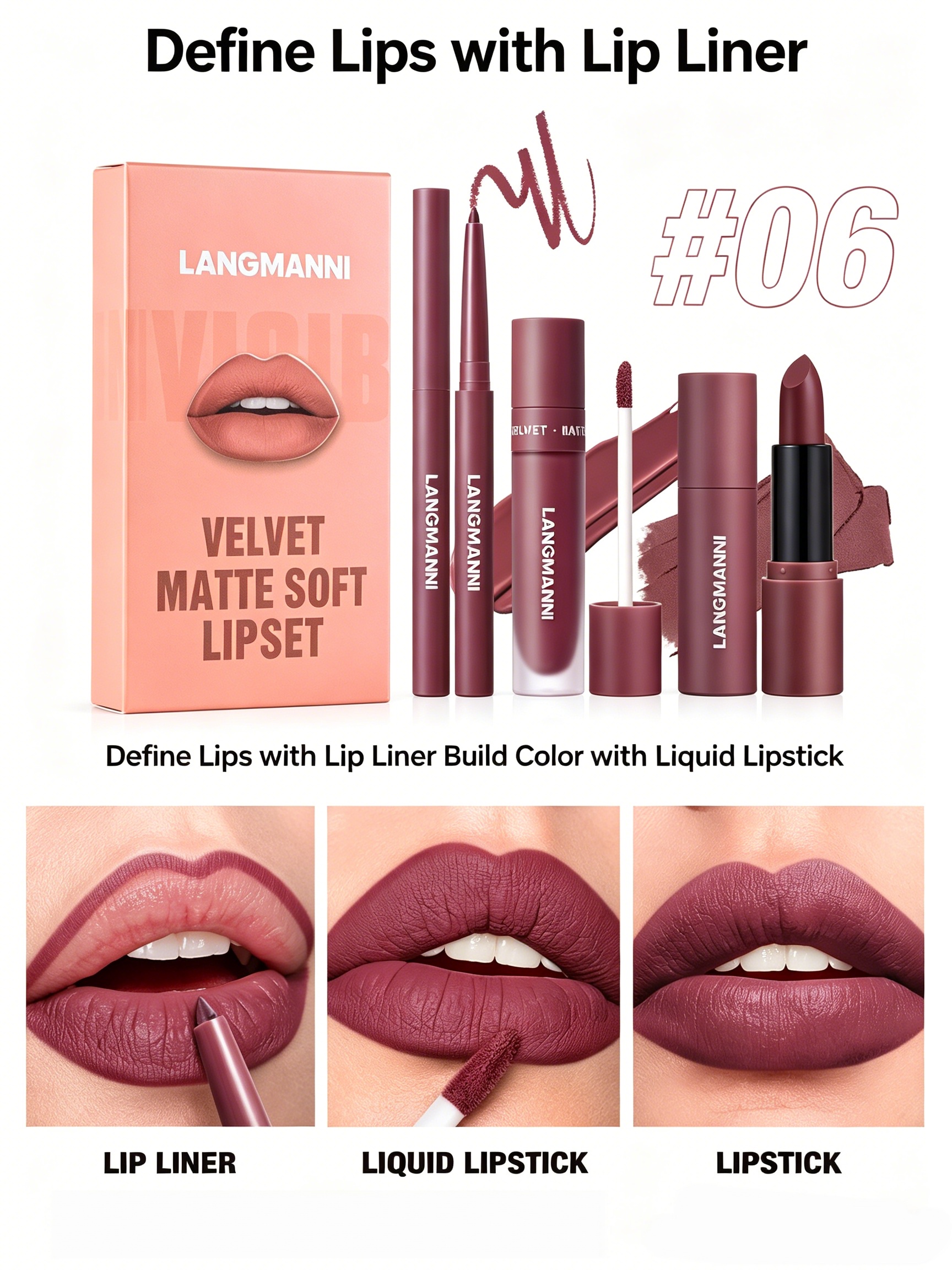 LANGMANNI Velvet Matte Lip Set #06: Cool Rose Brown (Liner, Liquid, Lipstick)