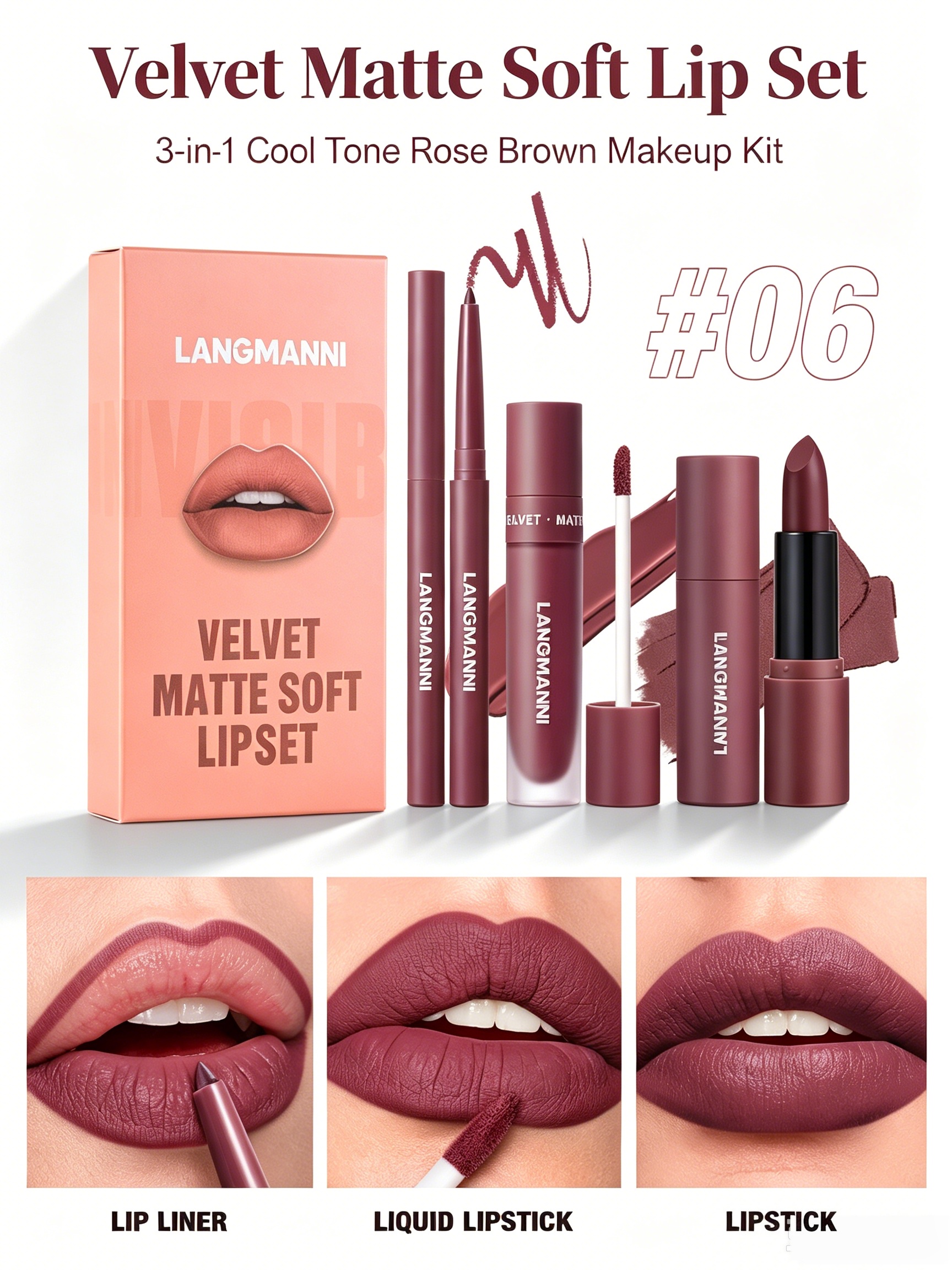 LANGMANNI Velvet Matte Lip Set #06: Cool Rose Brown (Liner, Liquid, Lipstick)