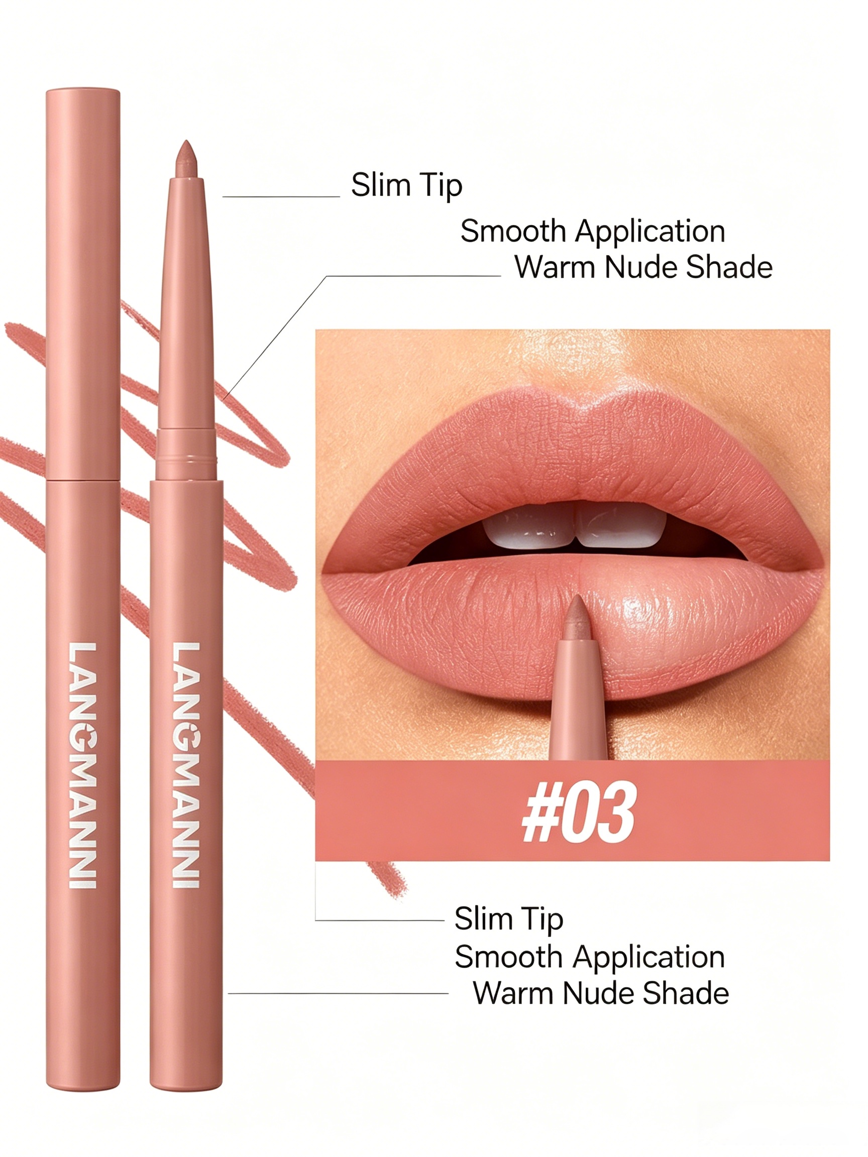 LANGMANNI #03 Warm Nude Lip Liner - Matte Finish, Long-Lasting Lip Contour Pencil