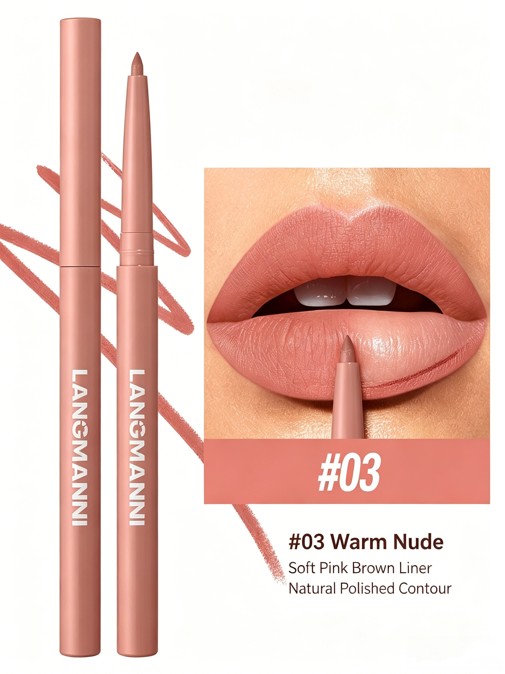 LANGMANNI #03 Warm Nude Lip Liner - Matte Finish, Long-Lasting Lip Contour Pencil
