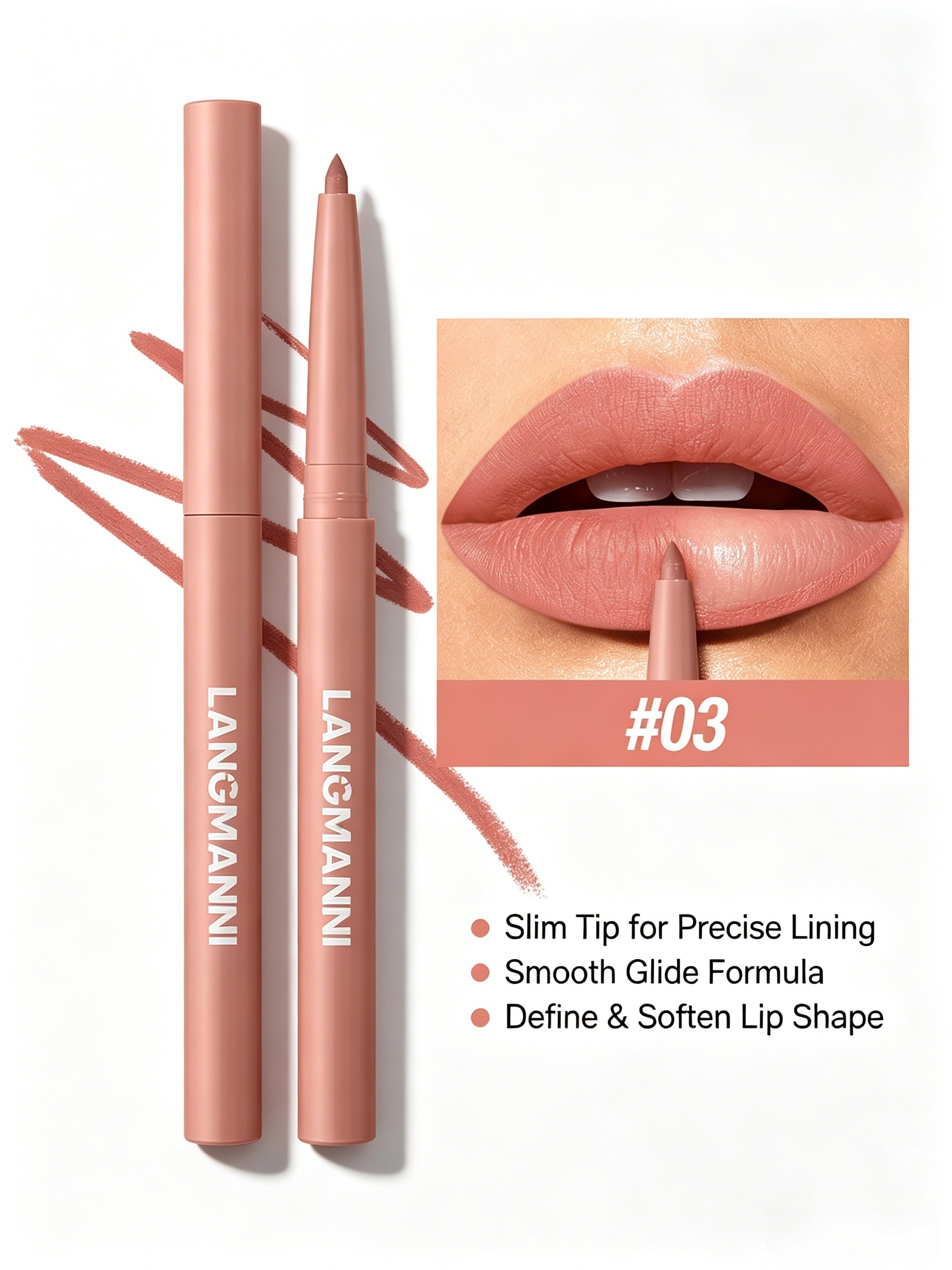 LANGMANNI #03 Warm Nude Lip Liner - Matte Finish, Long-Lasting Lip Contour Pencil