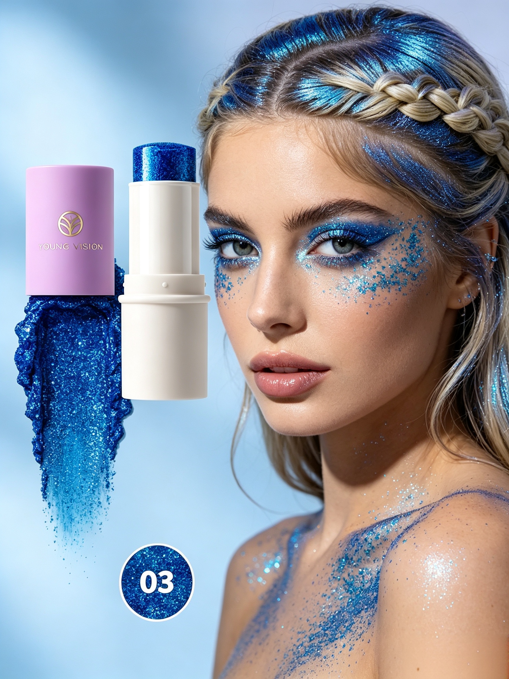 YOUNG VISION Shimmer Glitter Eyeshadow Stick - Waterproof Blue Metallic Eye Makeup Pencil