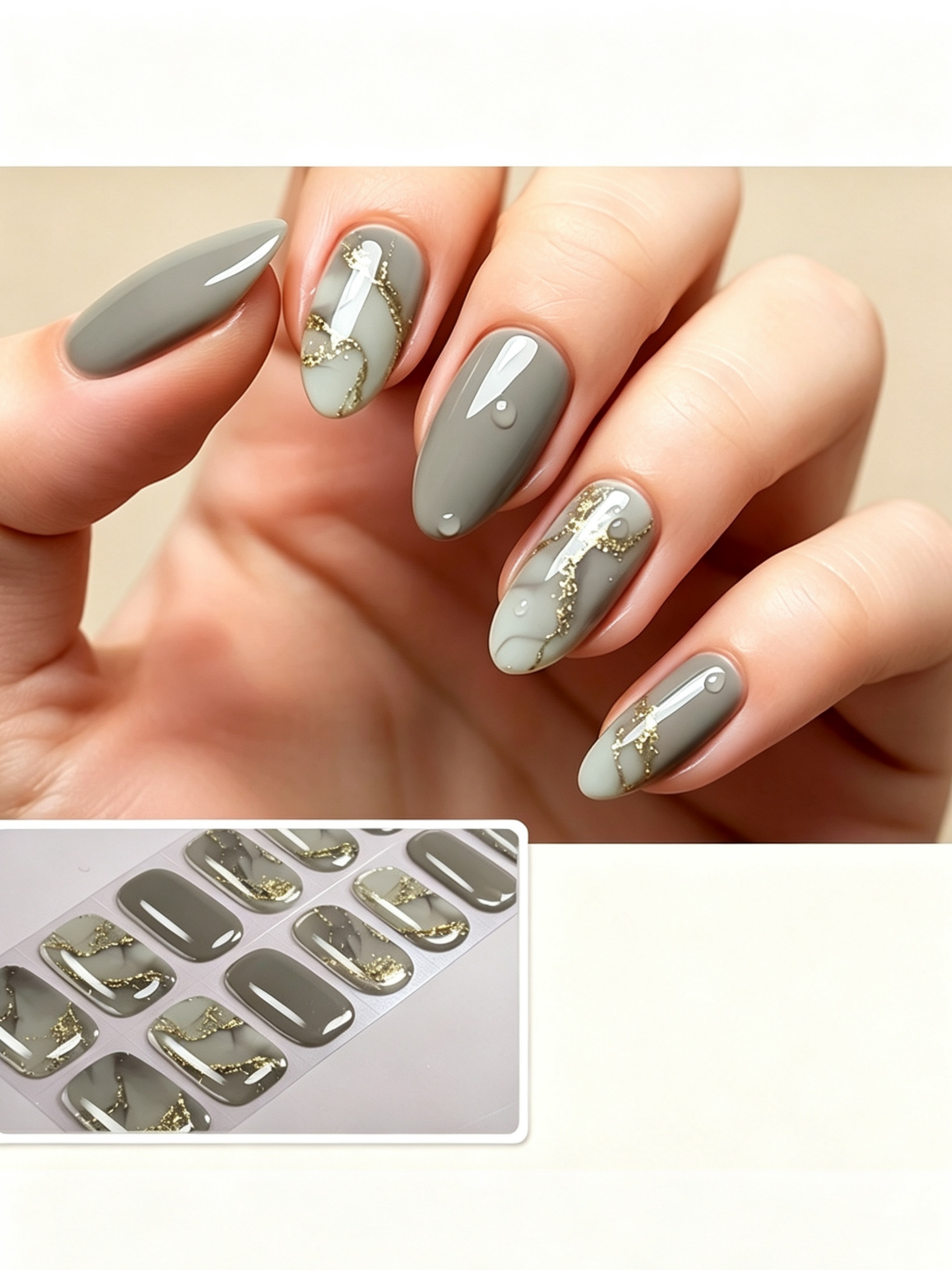 Glossy Grey Marble and Gold Glitter Gel Nail Wraps - Waterproof and UV-Free