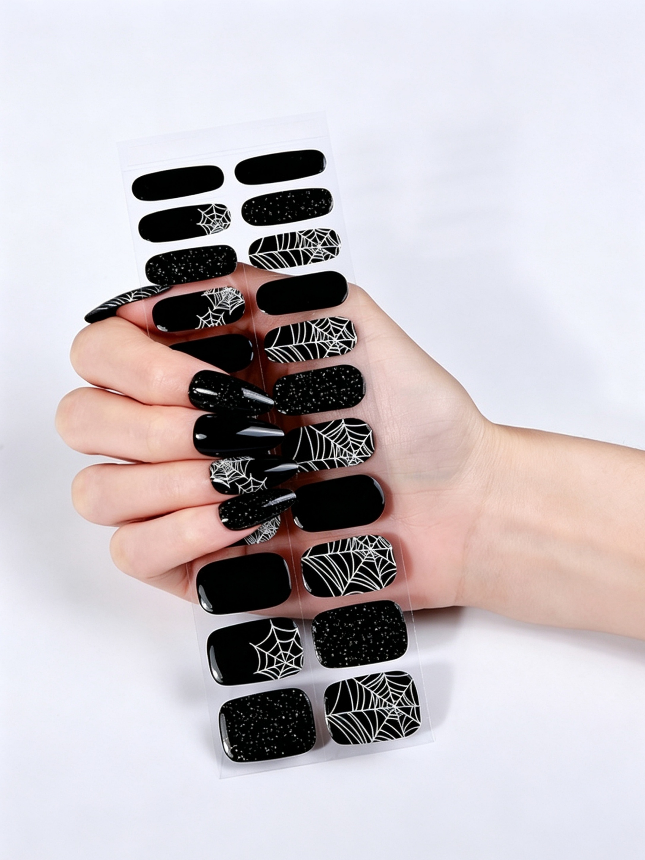 Halloween Spiderweb and Glitter Nail Wraps - Glossy Black and White Decals