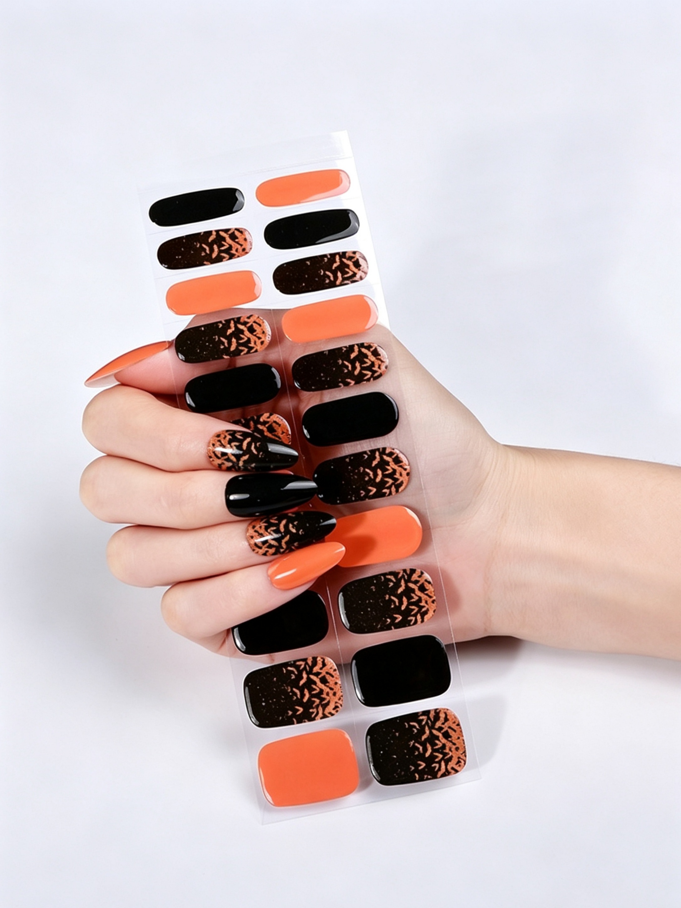 Halloween-Themed Gel Nail Wraps - Black and Orange Glossy Finish