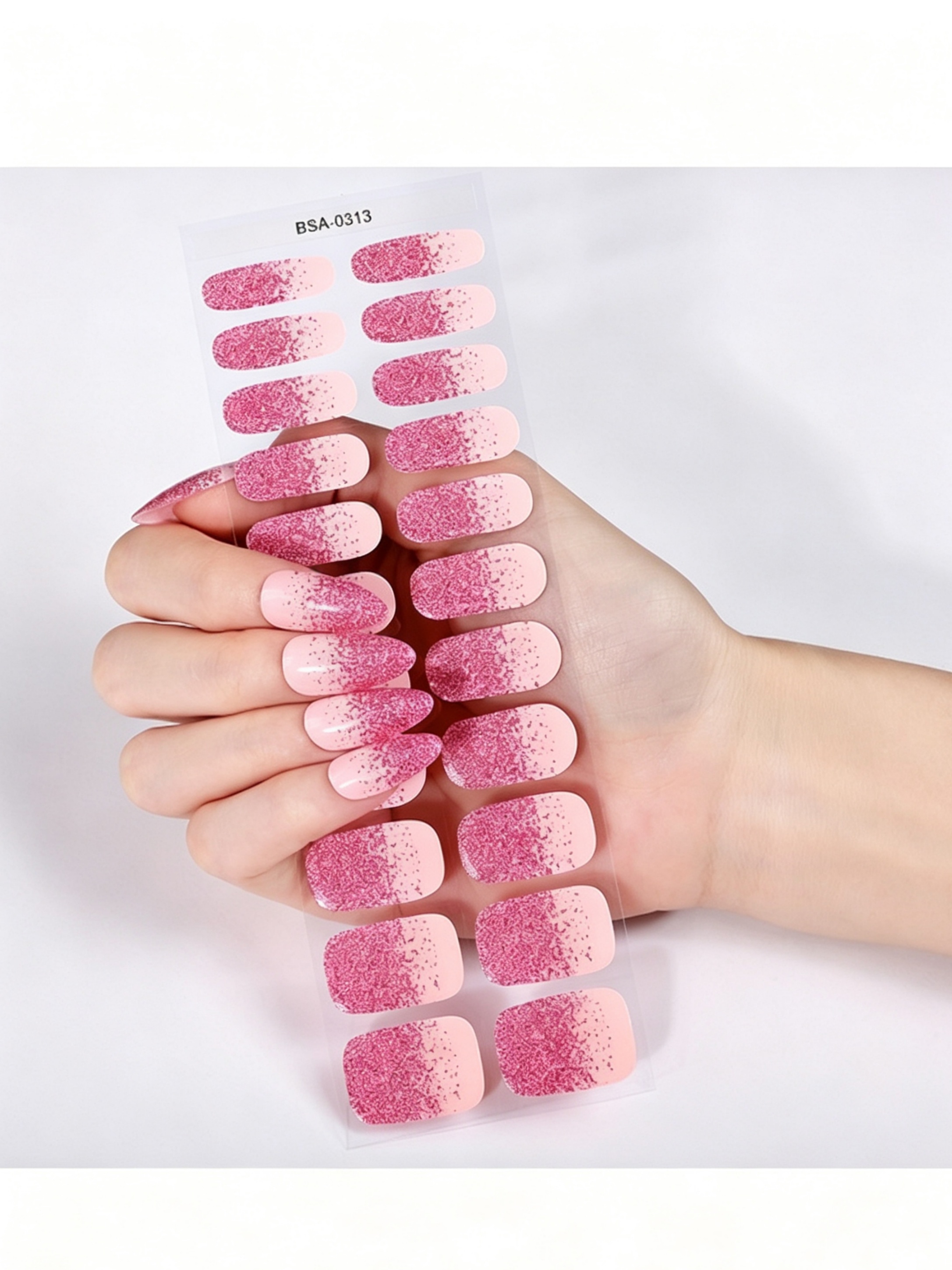 Pink Glitter Ombre Nail Wraps - UV-Free Gel Nail Stickers