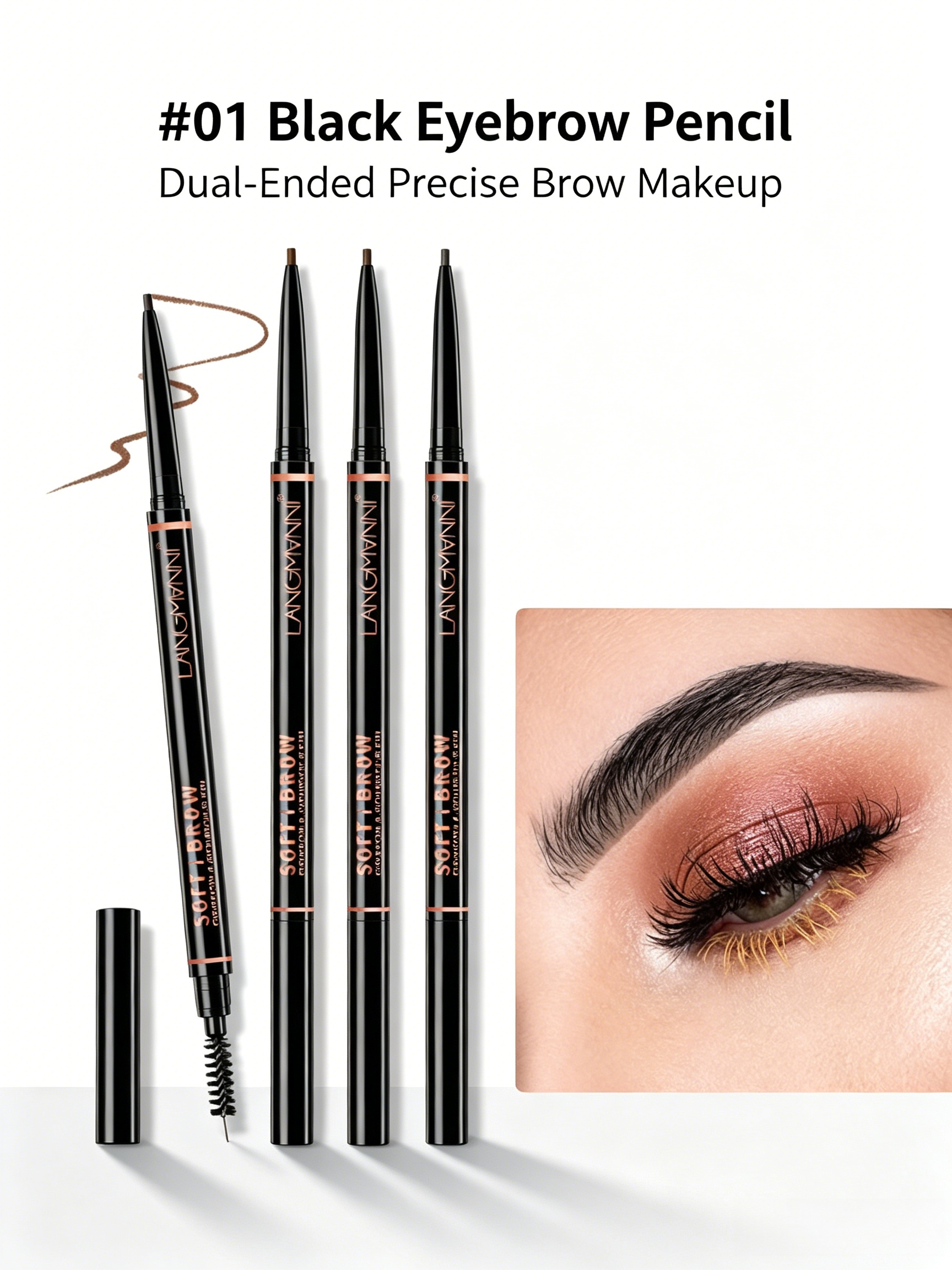 LANGMANNI Waterproof Dual-Ended Black Eyebrow Pencil for Precise Brows
