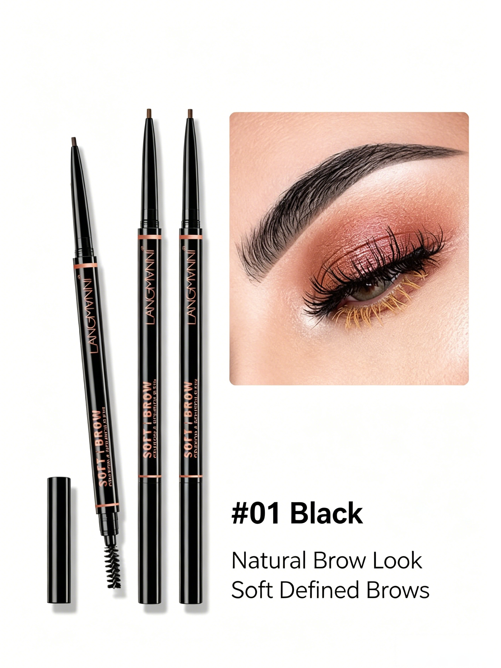 LANGMANNI Waterproof Dual-Ended Black Eyebrow Pencil for Precise Brows
