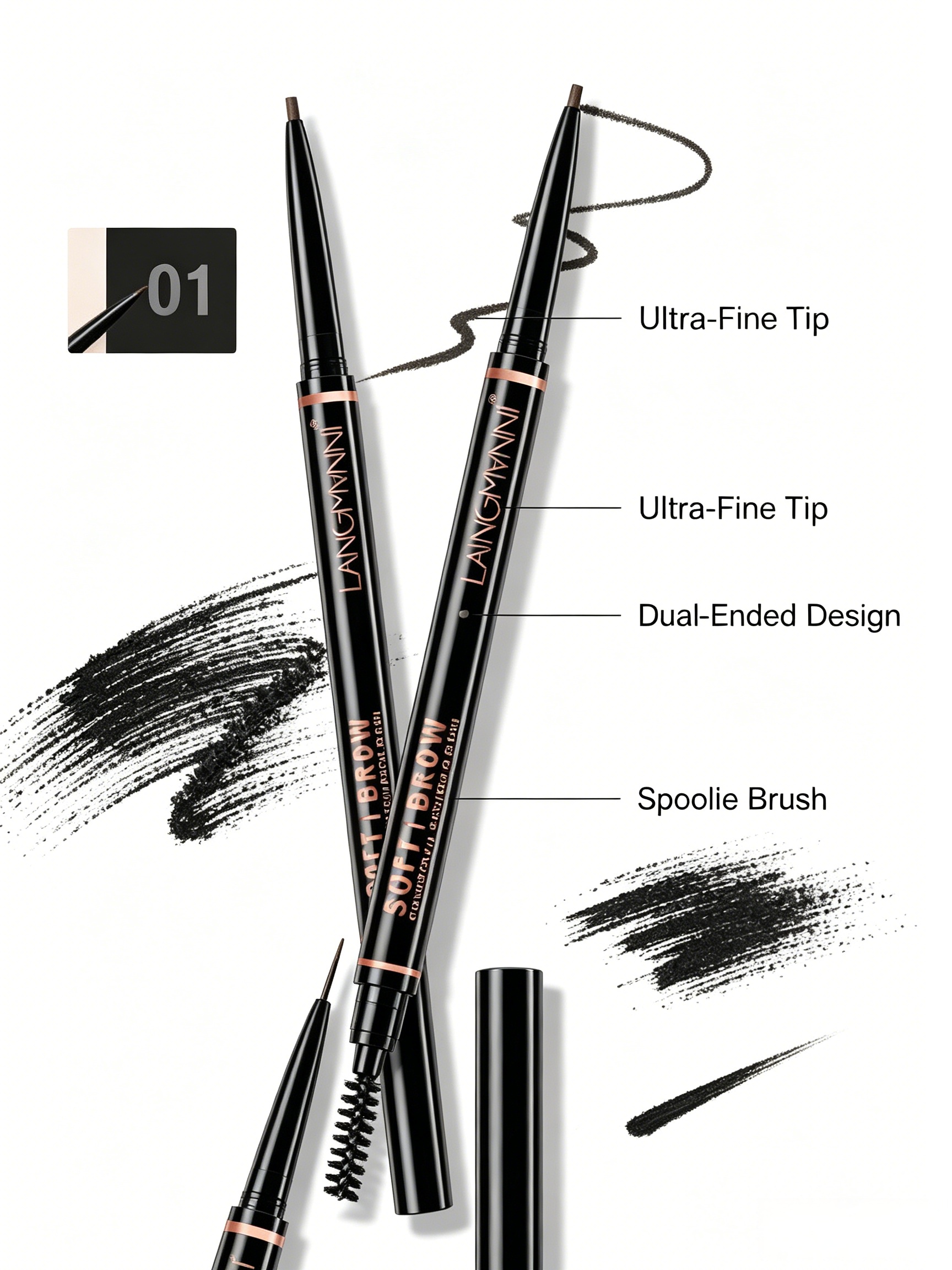 LANGMANNI Waterproof Dual-Ended Black Eyebrow Pencil for Precise Brows