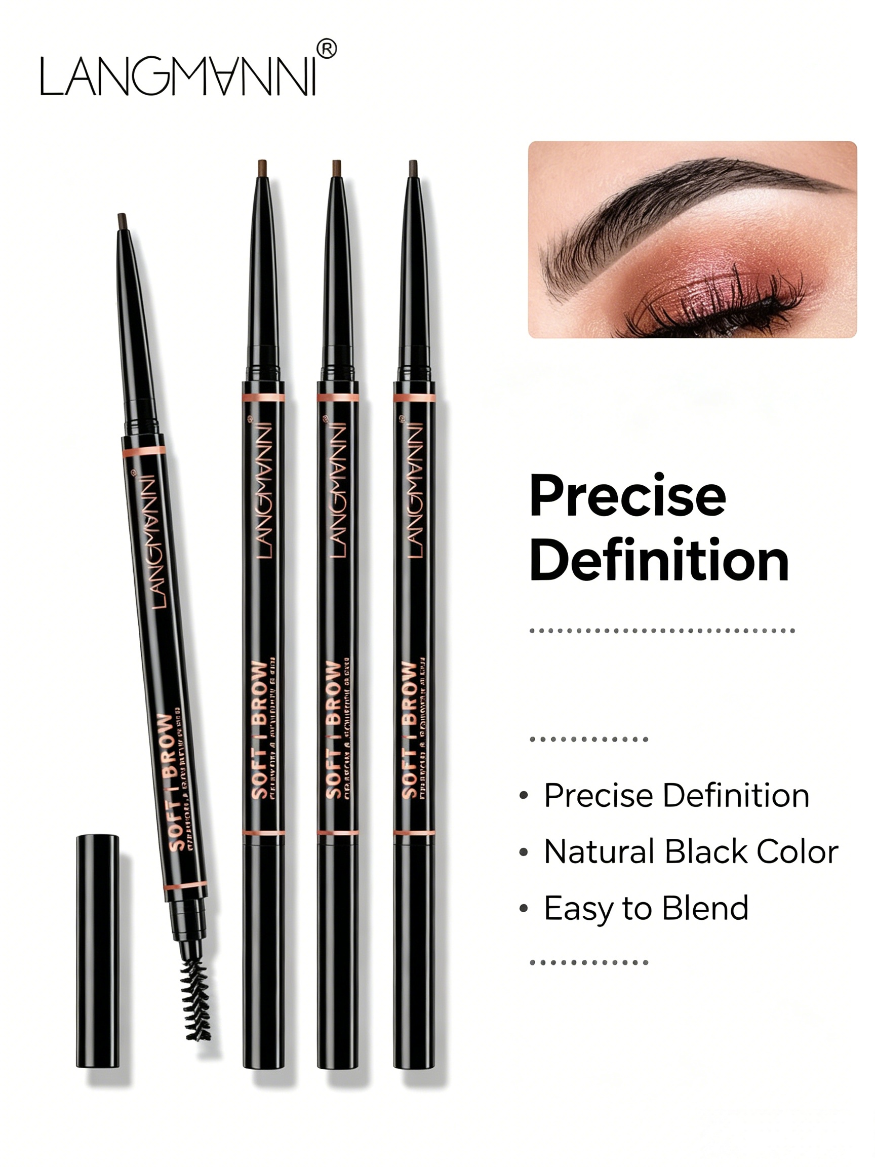 LANGMANNI Waterproof Dual-Ended Black Eyebrow Pencil for Precise Brows