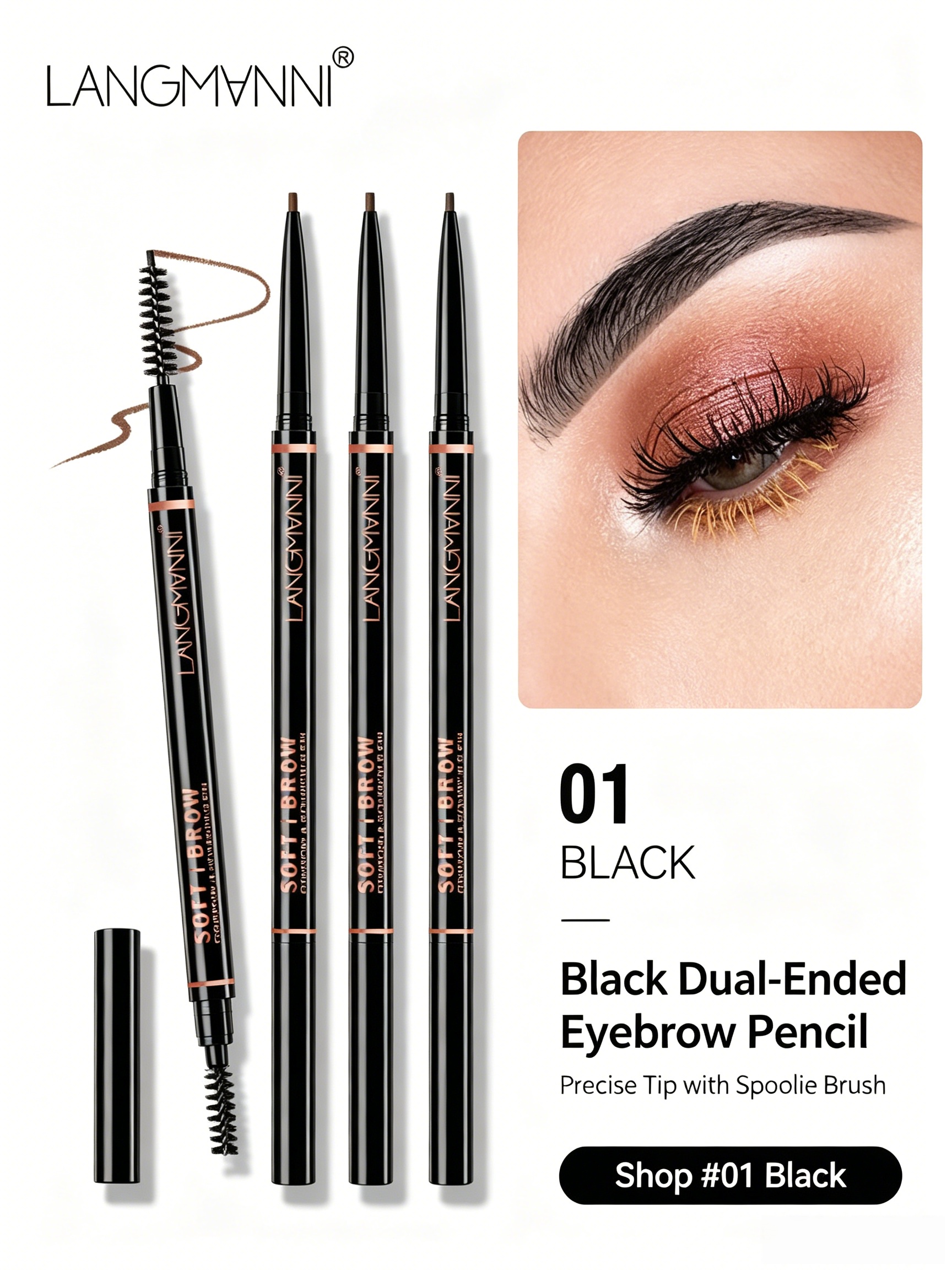 LANGMANNI Waterproof Dual-Ended Black Eyebrow Pencil for Precise Brows