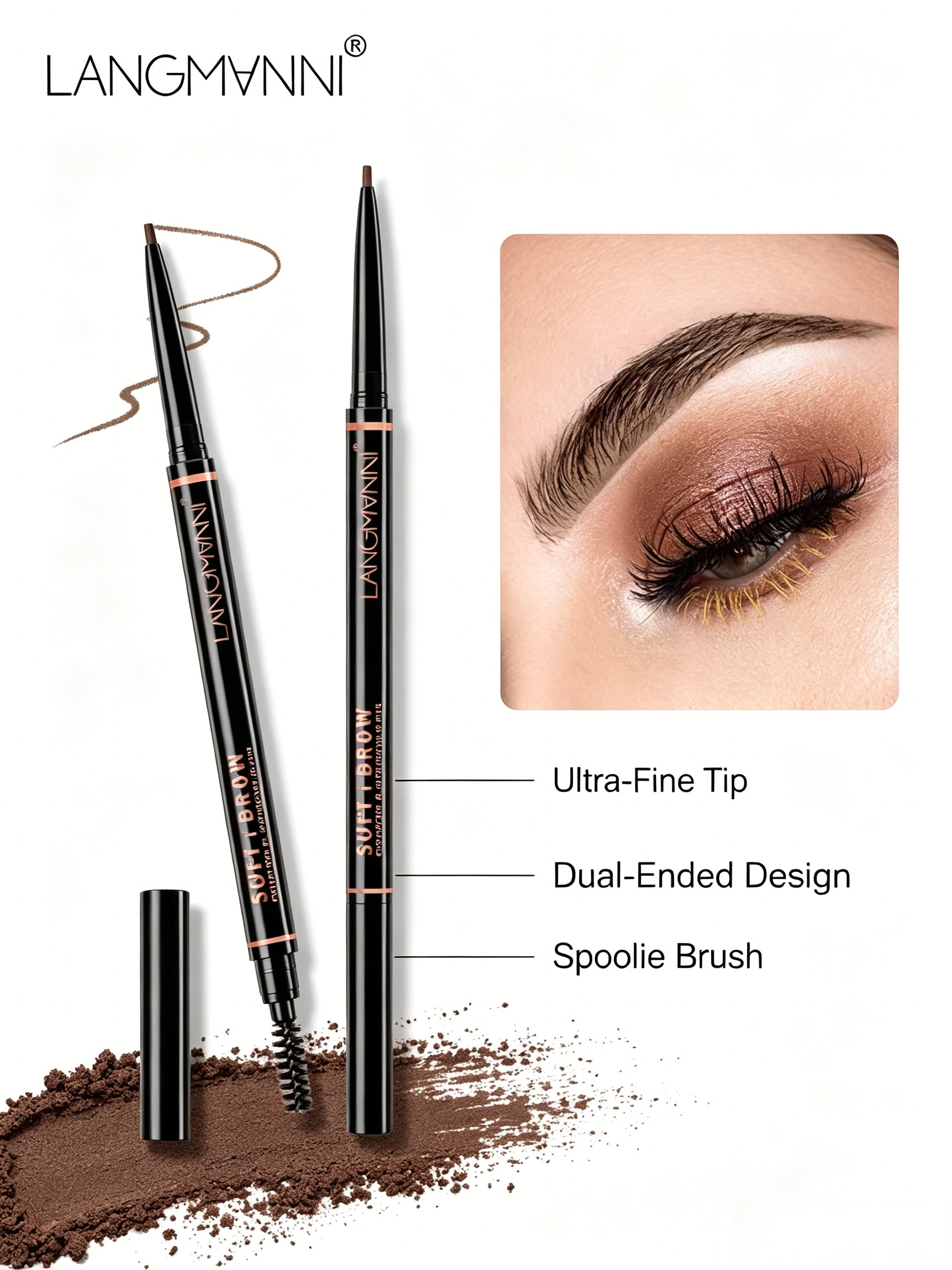 Dual-Ended Dark Brown Waterproof Eyebrow Pencil with Brush for Precise Brows