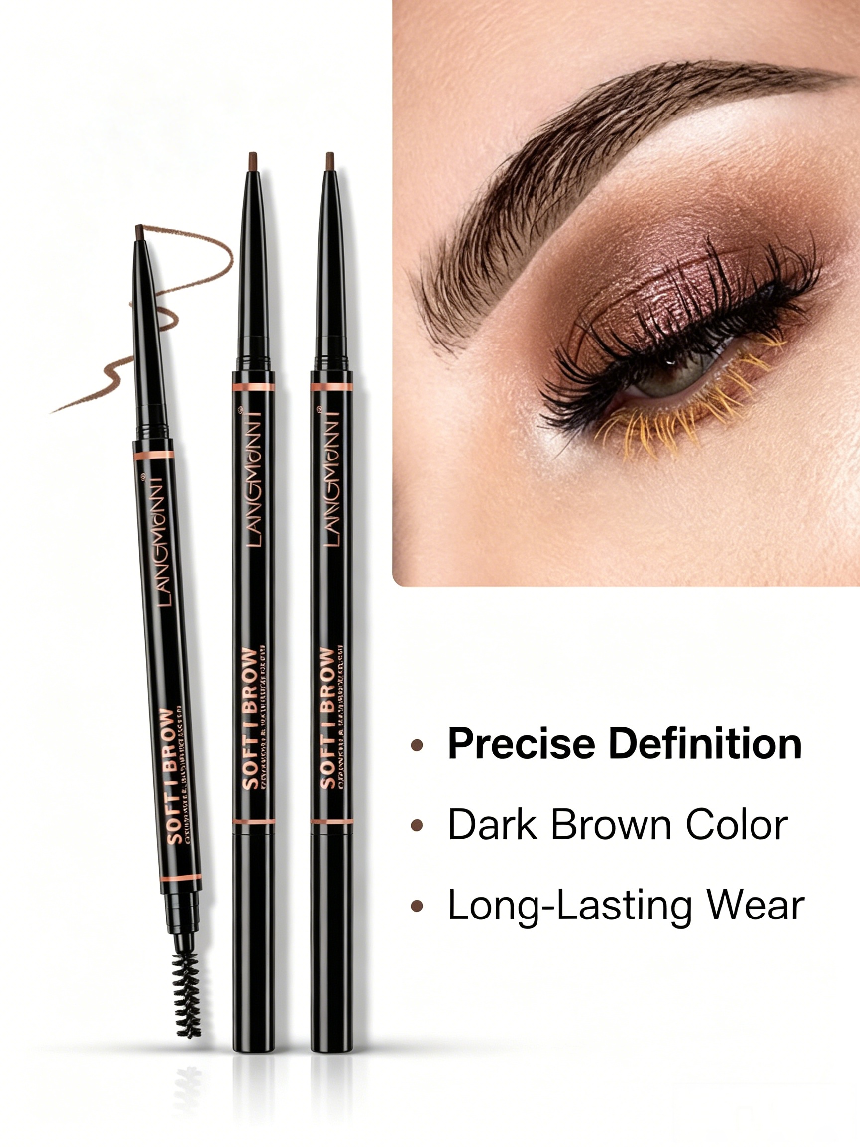 Dual-Ended Dark Brown Waterproof Eyebrow Pencil with Brush for Precise Brows