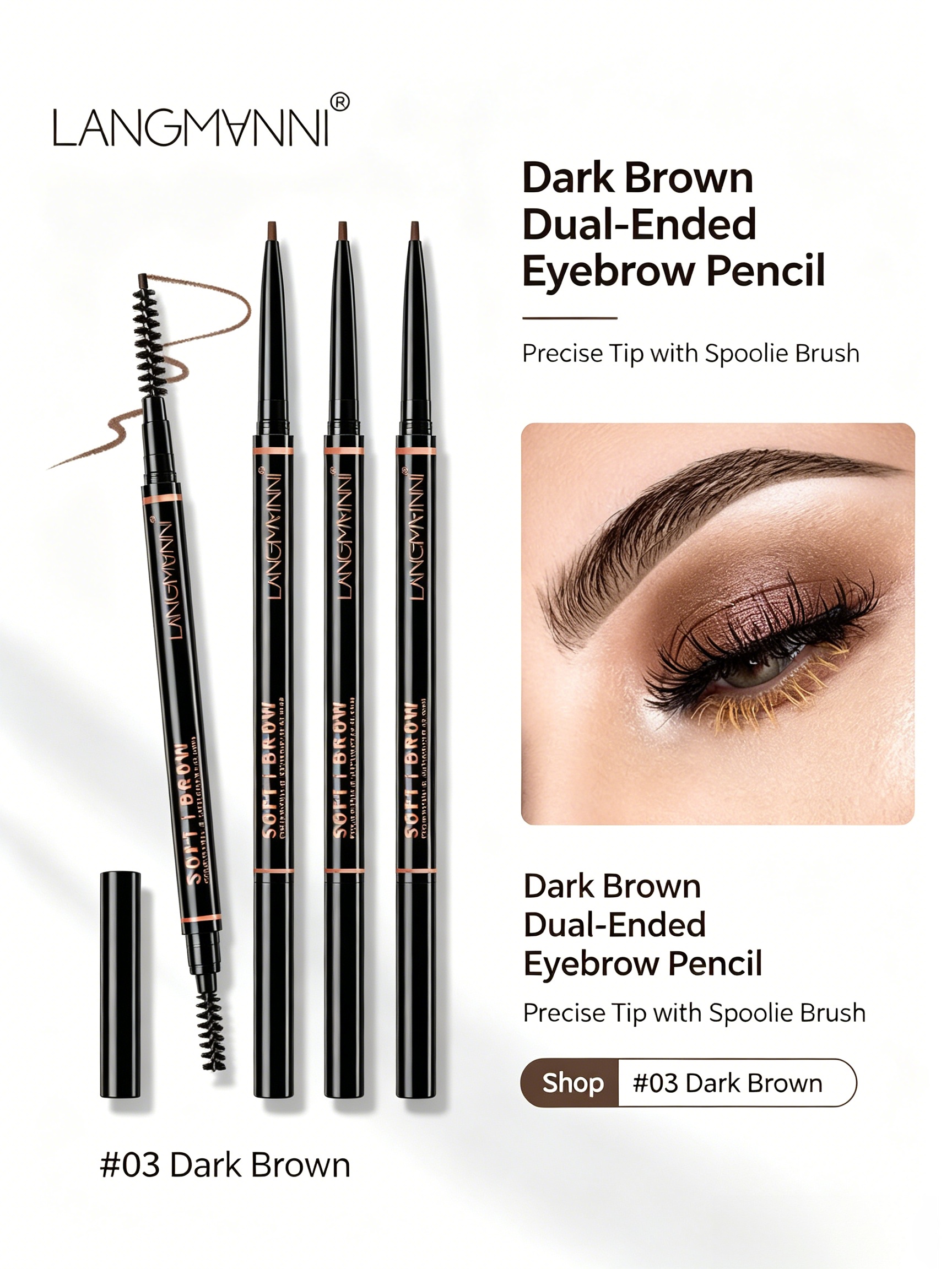 Dual-Ended Dark Brown Waterproof Eyebrow Pencil with Brush for Precise Brows