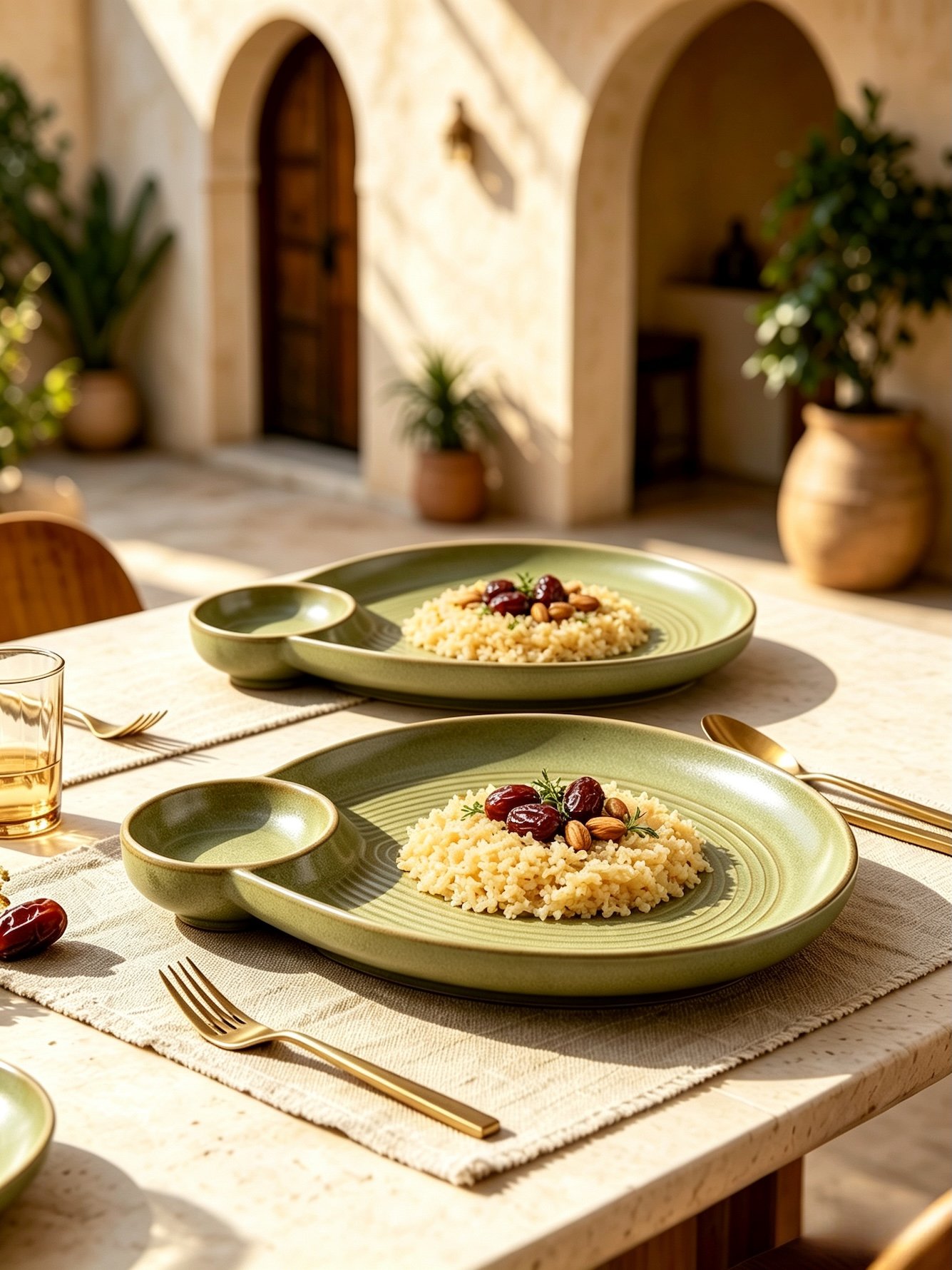 2-Piece 10.8 Inch Oval Green Textured Divided Ceramic Plates
