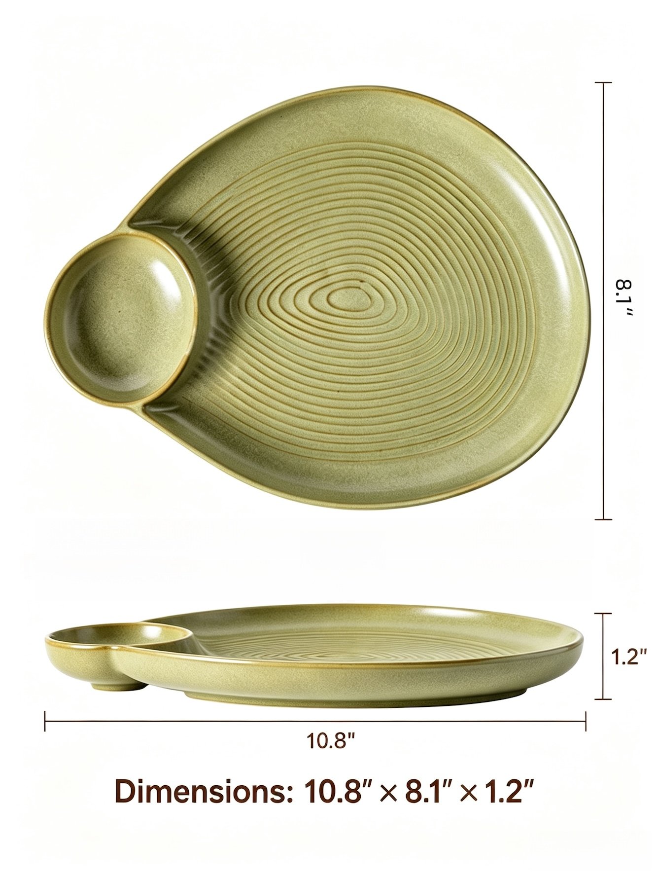 2-Piece 10.8 Inch Oval Green Textured Divided Ceramic Plates