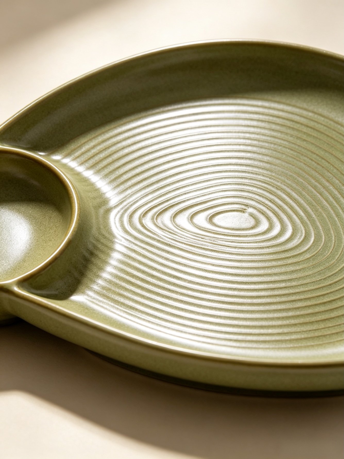 2-Piece 10.8 Inch Oval Green Textured Divided Ceramic Plates