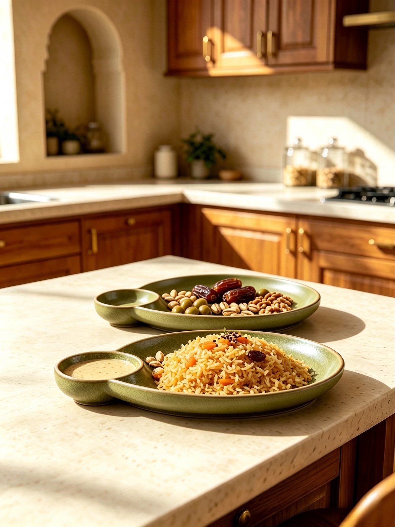 2-Piece 10.8 Inch Oval Green Textured Divided Ceramic Plates