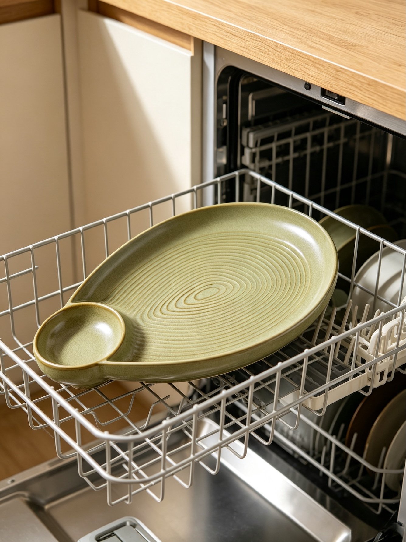 2-Piece 10.8 Inch Oval Green Textured Divided Ceramic Plates