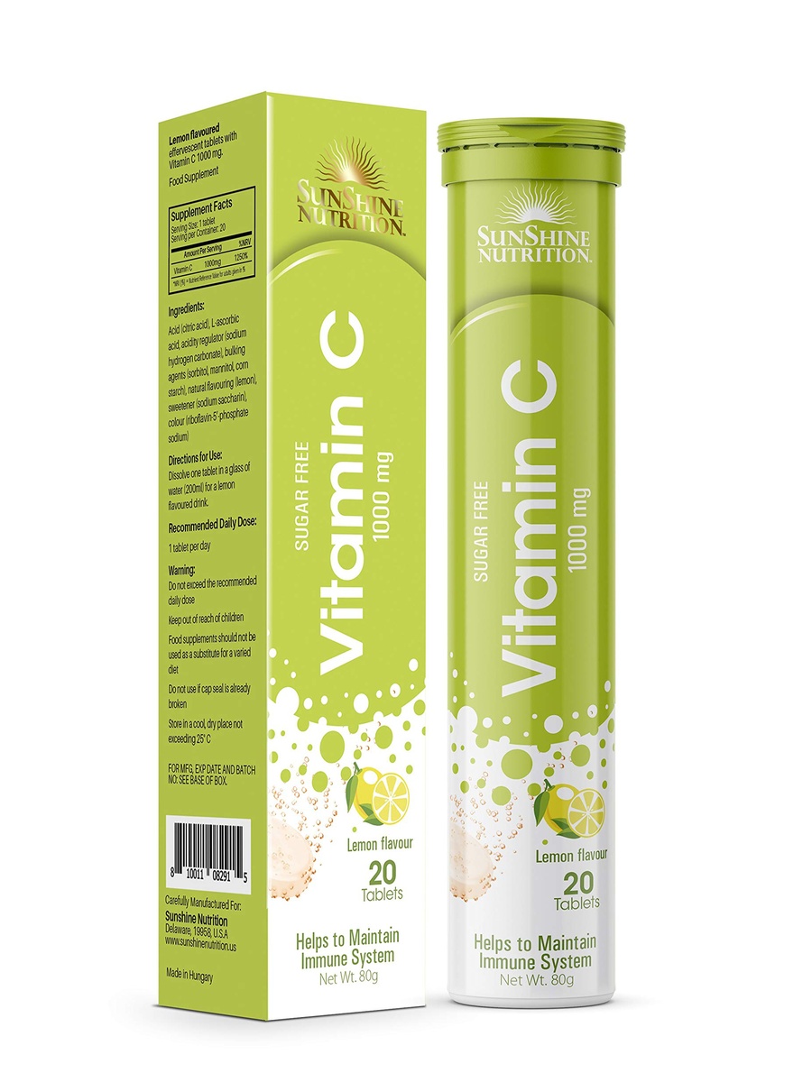 Sugar Free Vitamin C 1000mg Effervescent / Lemon Flavor / 20 Tablets