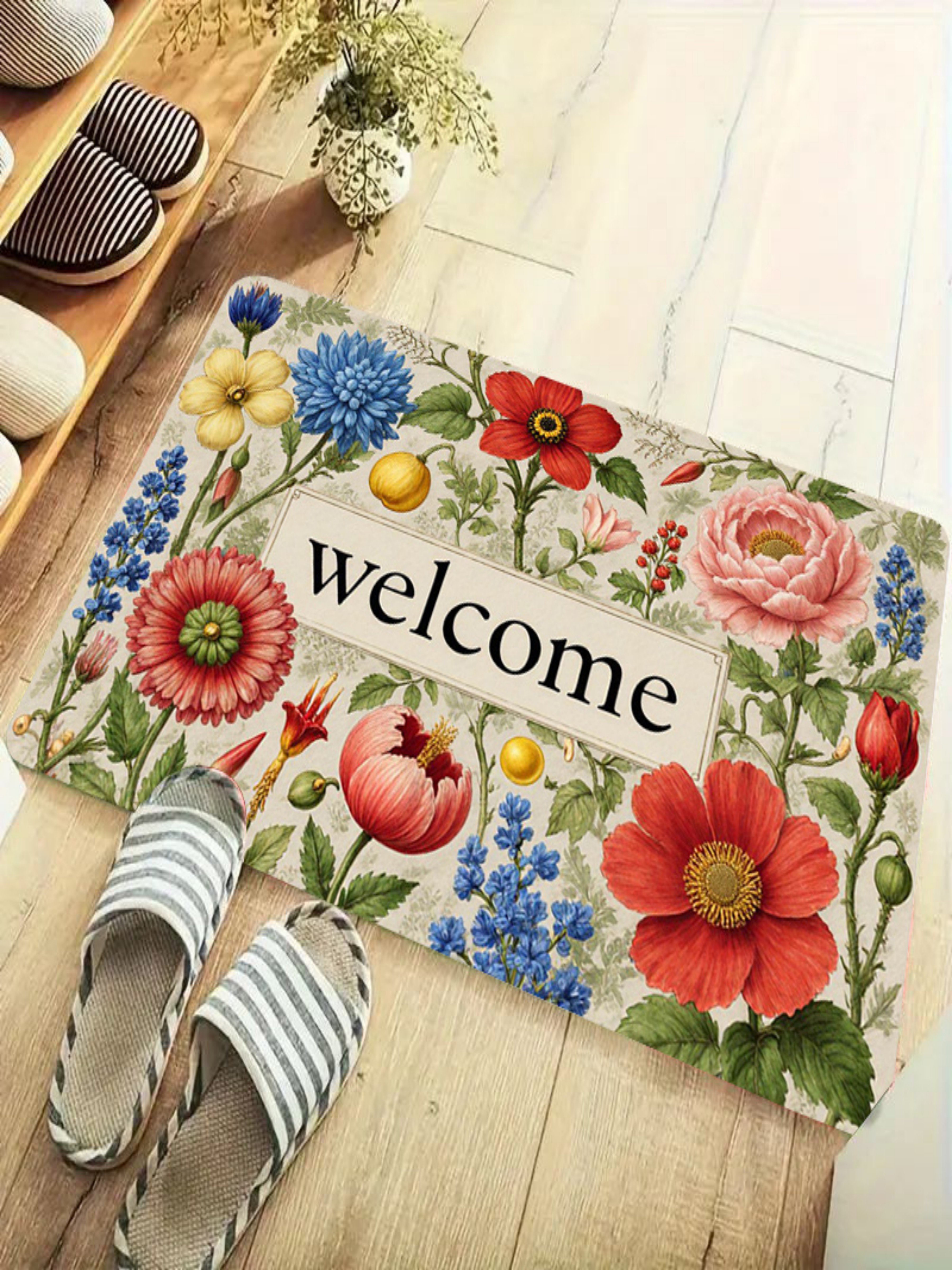 حصيرة حمام مانعة للانزلاق للترحيب بنمط زهور، 40*60 سم