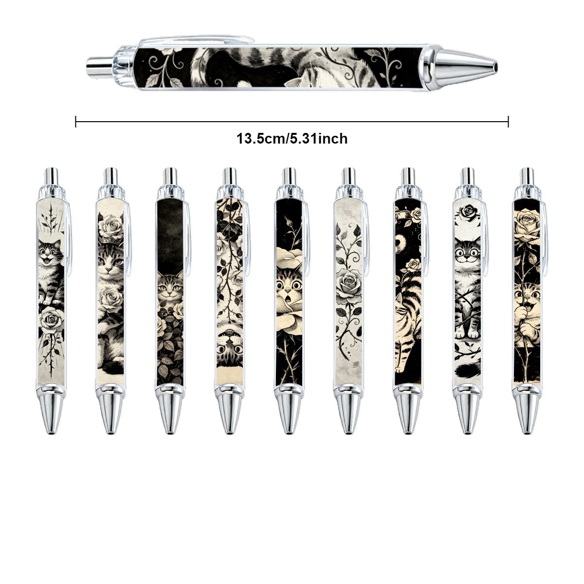 Black and White Cat and Rose Pens
