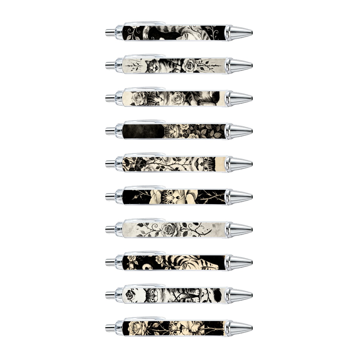 Black and White Cat and Rose Pens