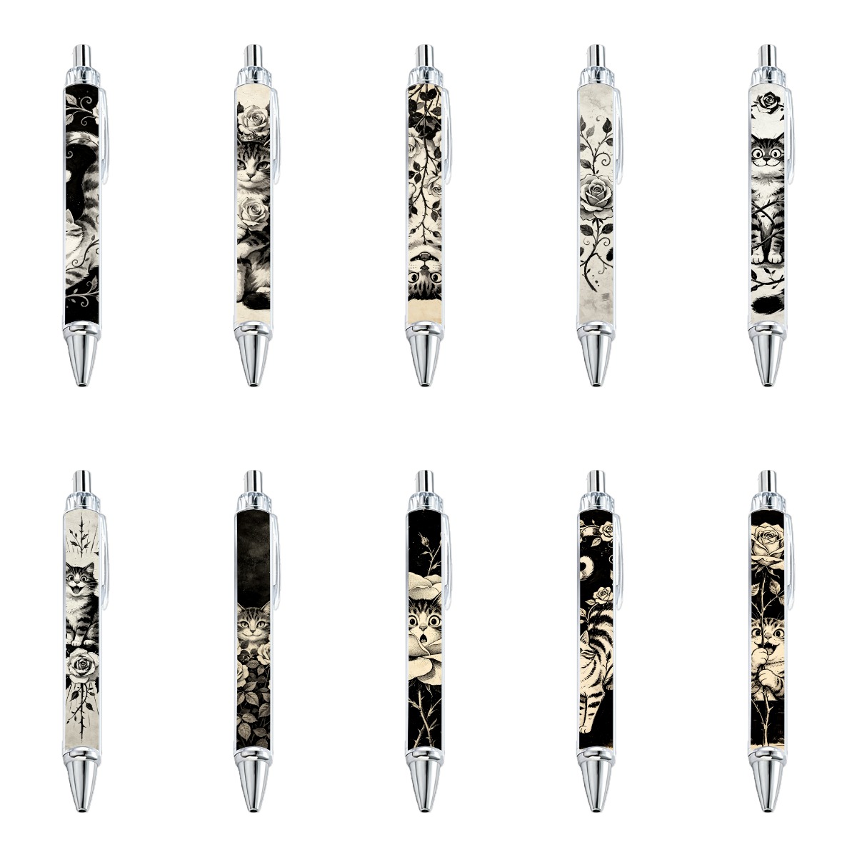 Black and White Cat and Rose Pens