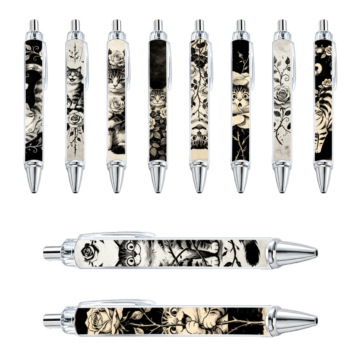 Black and White Cat and Rose Pens