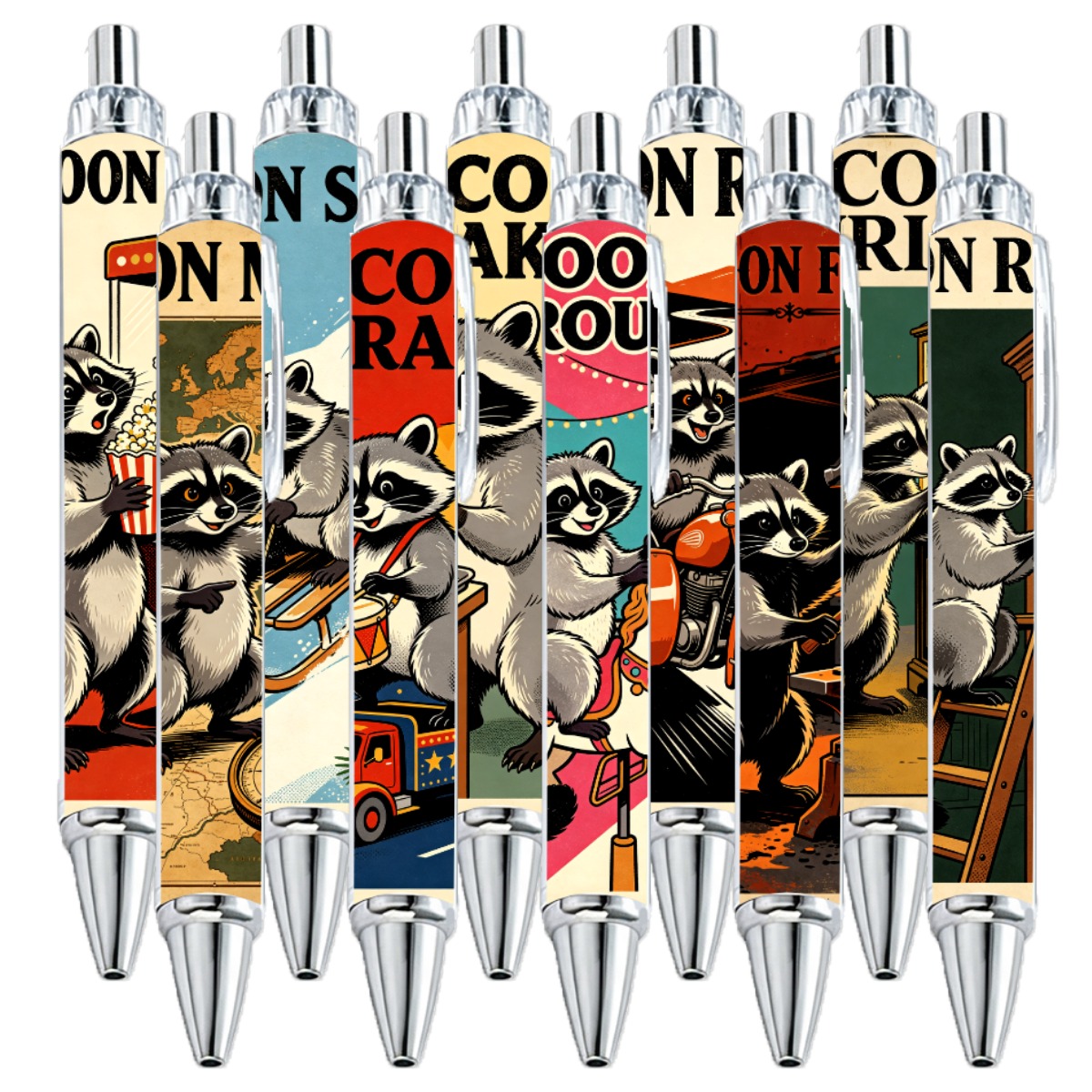 Retro Raccoon Gel Pen Set - Black Ink 10 Pcs