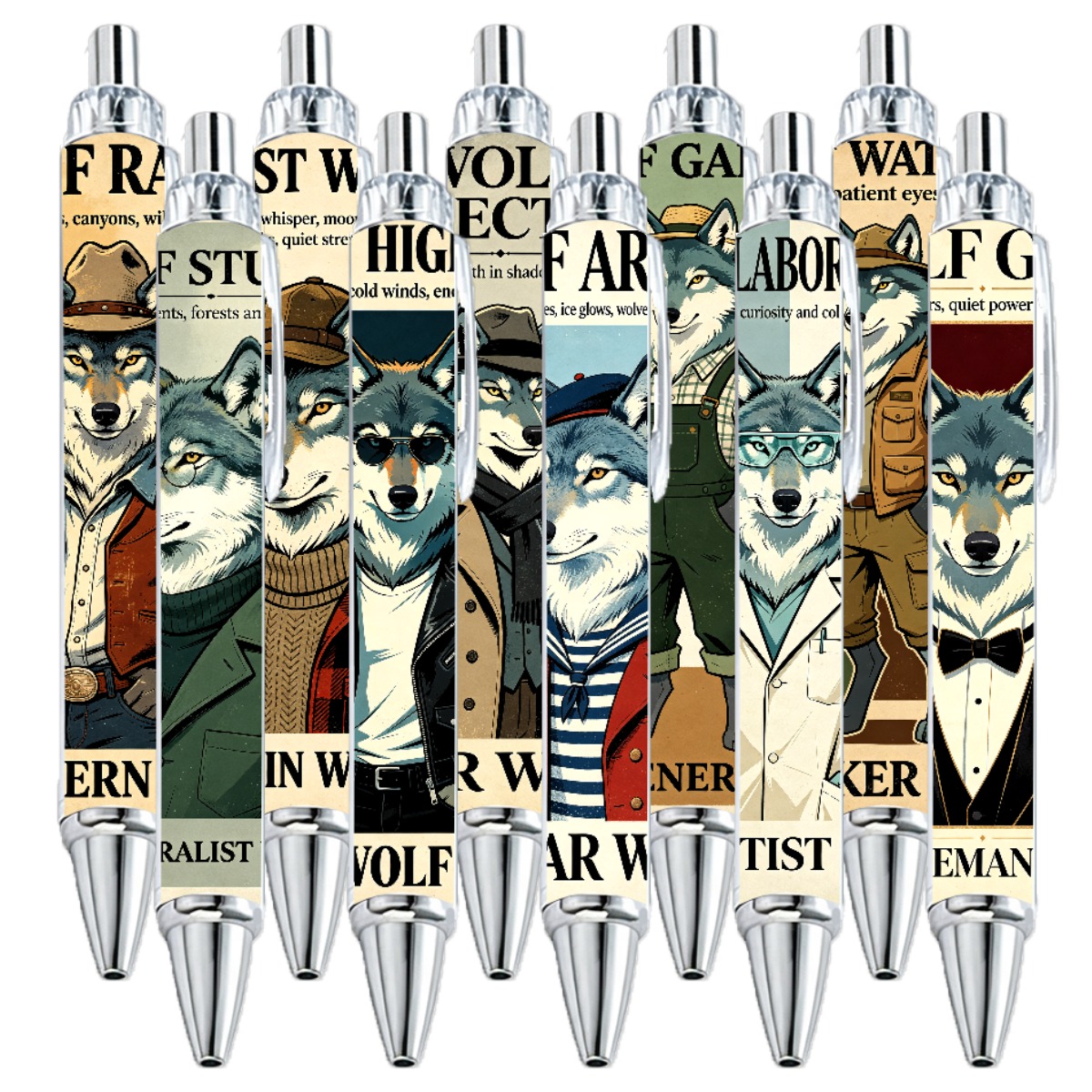 Stylish Wolf Character Retractable Pens - 10-Pack