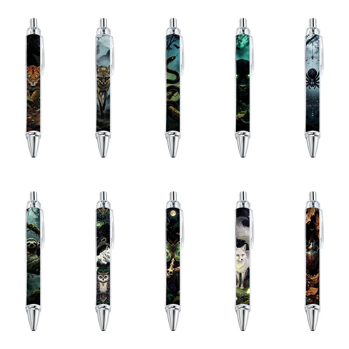 Mystical Forest Animal Design Retractable Pens - 10-Pack