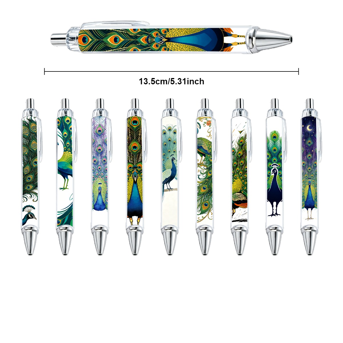 Peacock Design Push-Button Pens - 10-Pack