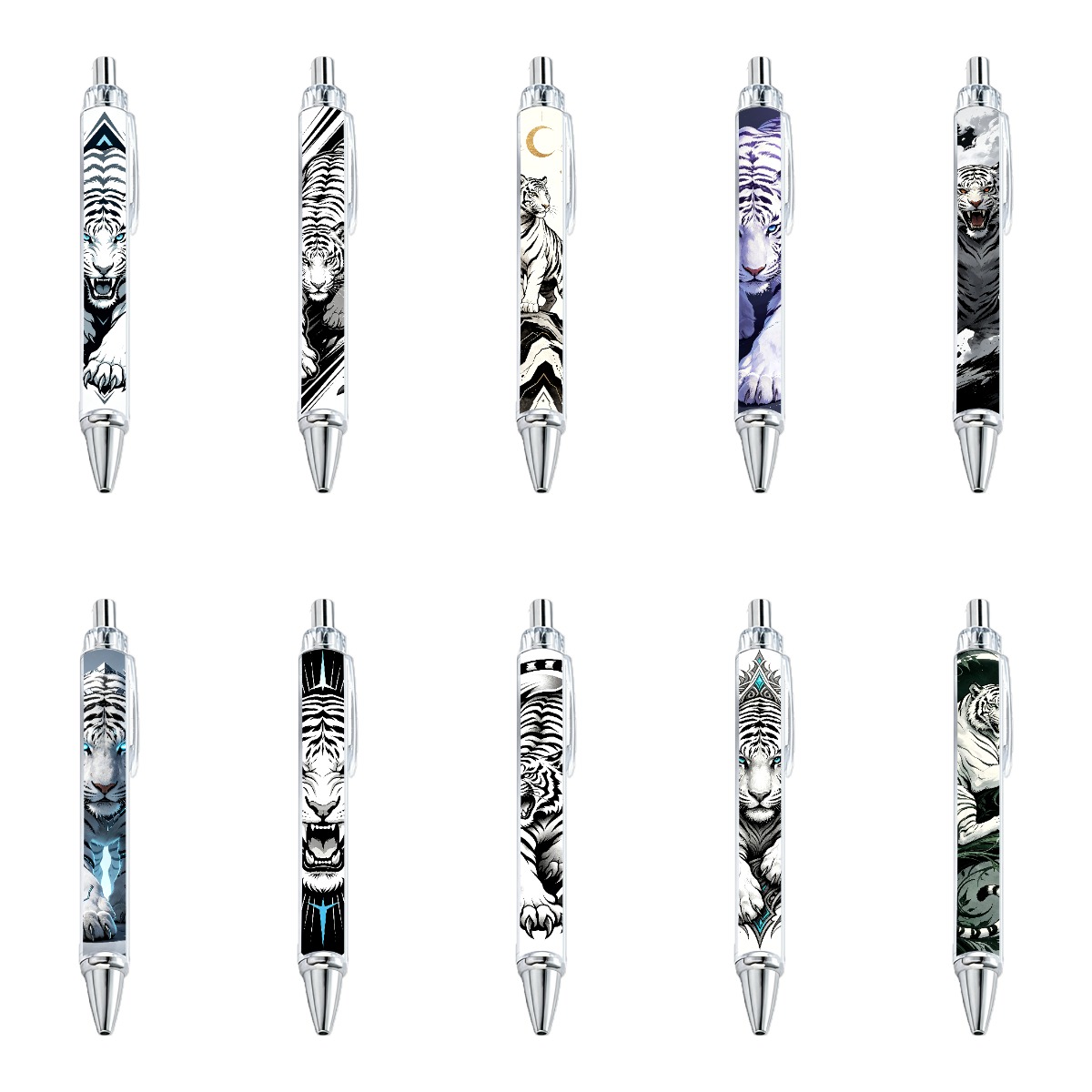 Majestic White Tiger Retractable Pens - 10-Pack