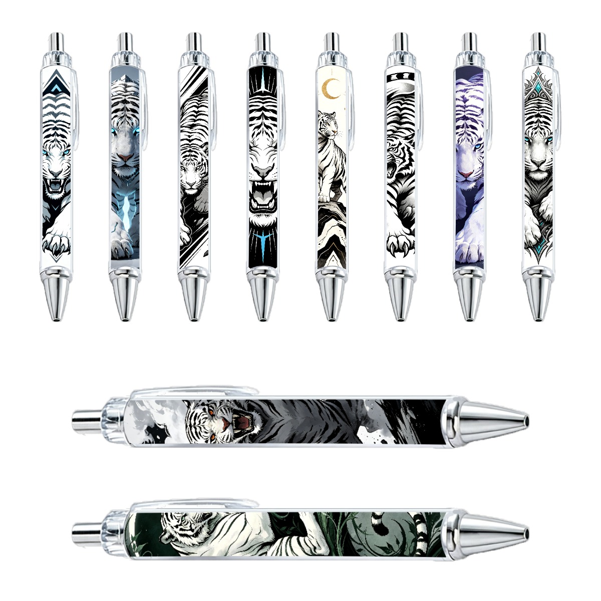Majestic White Tiger Retractable Pens - 10-Pack