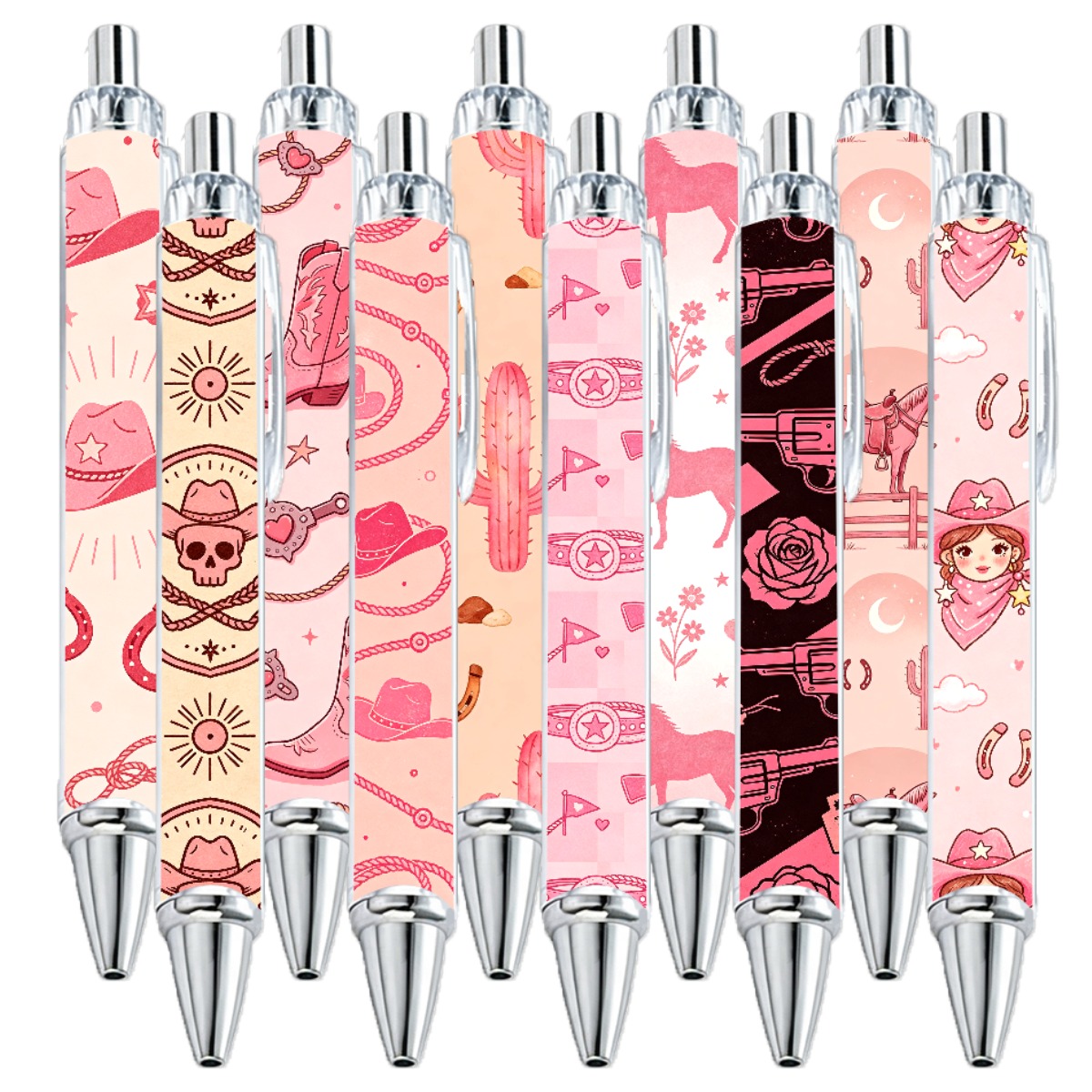 Pink Western Cowboy Themed Retractable Pens - 10-Pack