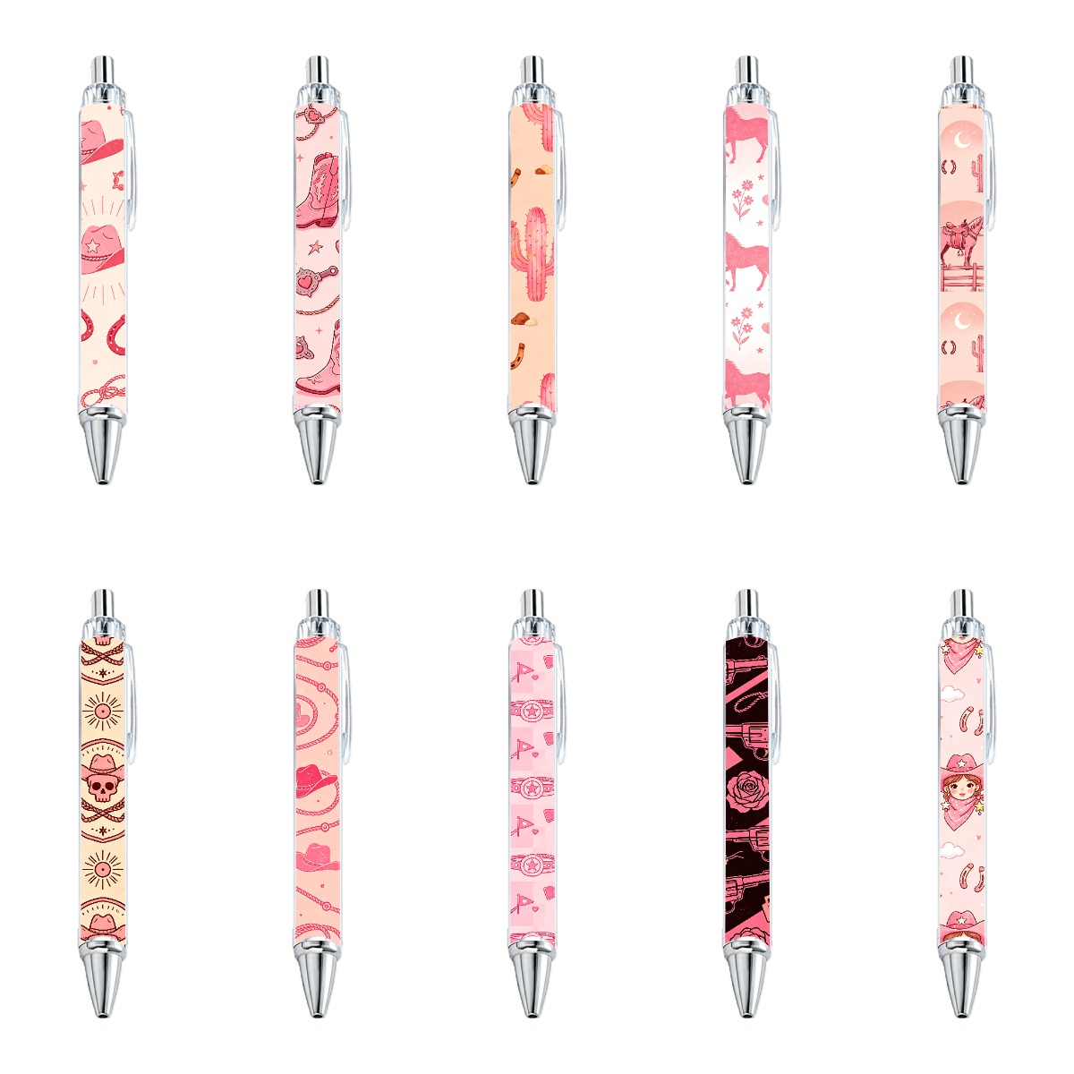 Pink Western Cowboy Themed Retractable Pens - 10-Pack
