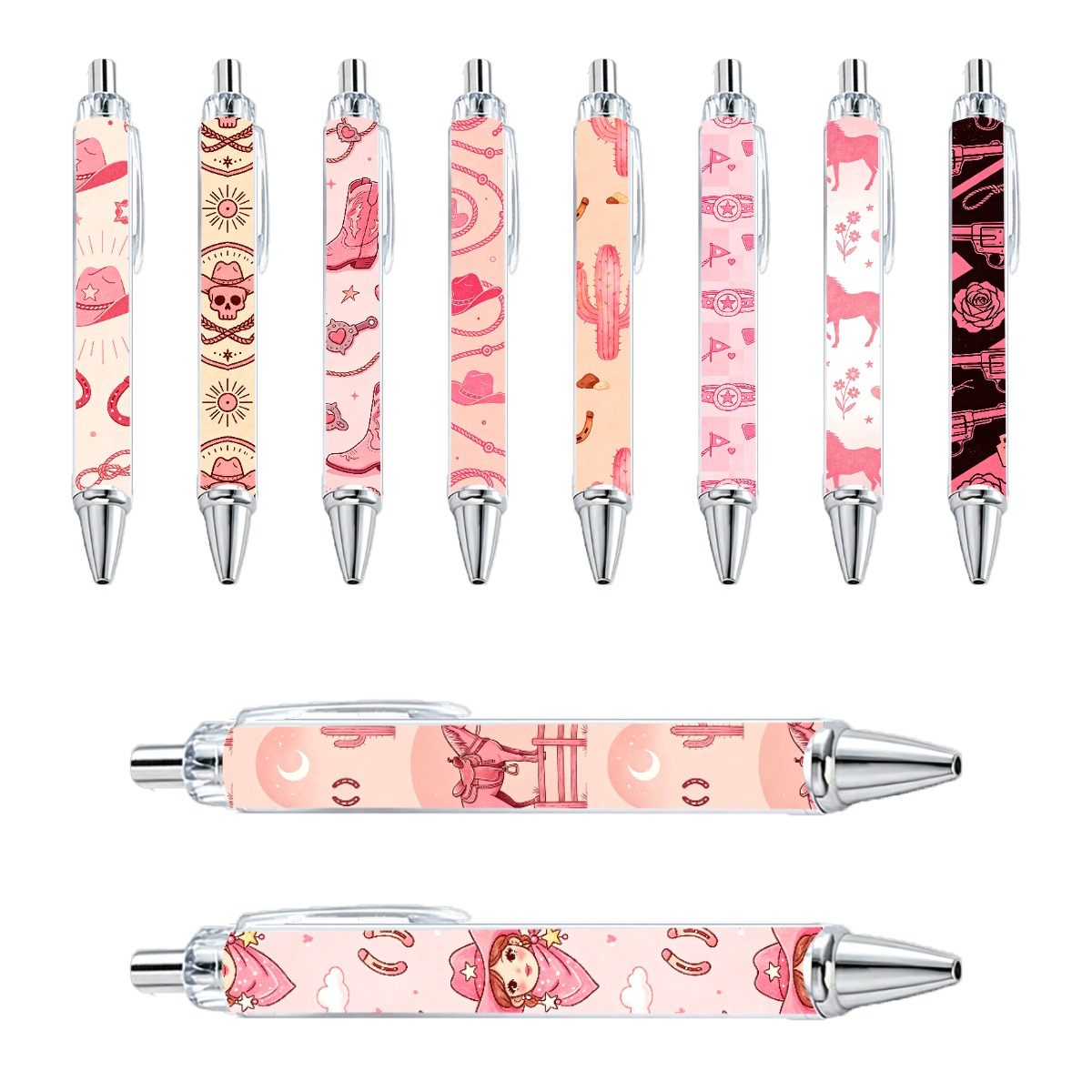 Pink Western Cowboy Themed Retractable Pens - 10-Pack