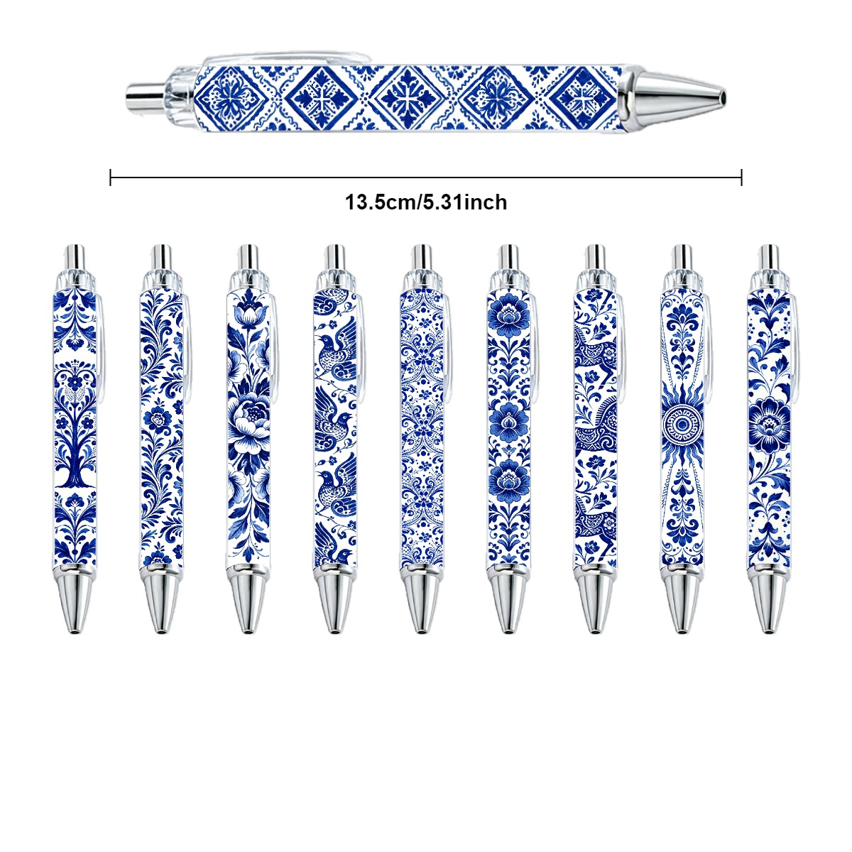 Delft Blue Inspired Retractable Gel Pens - 10-Pack