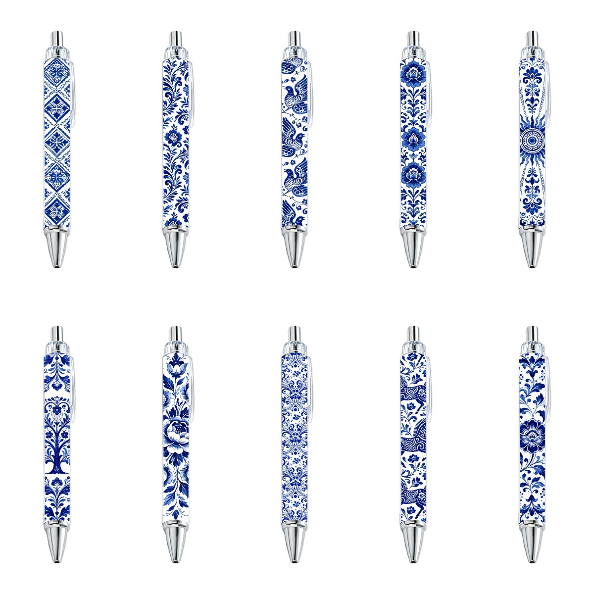 Delft Blue Inspired Retractable Gel Pens - 10-Pack