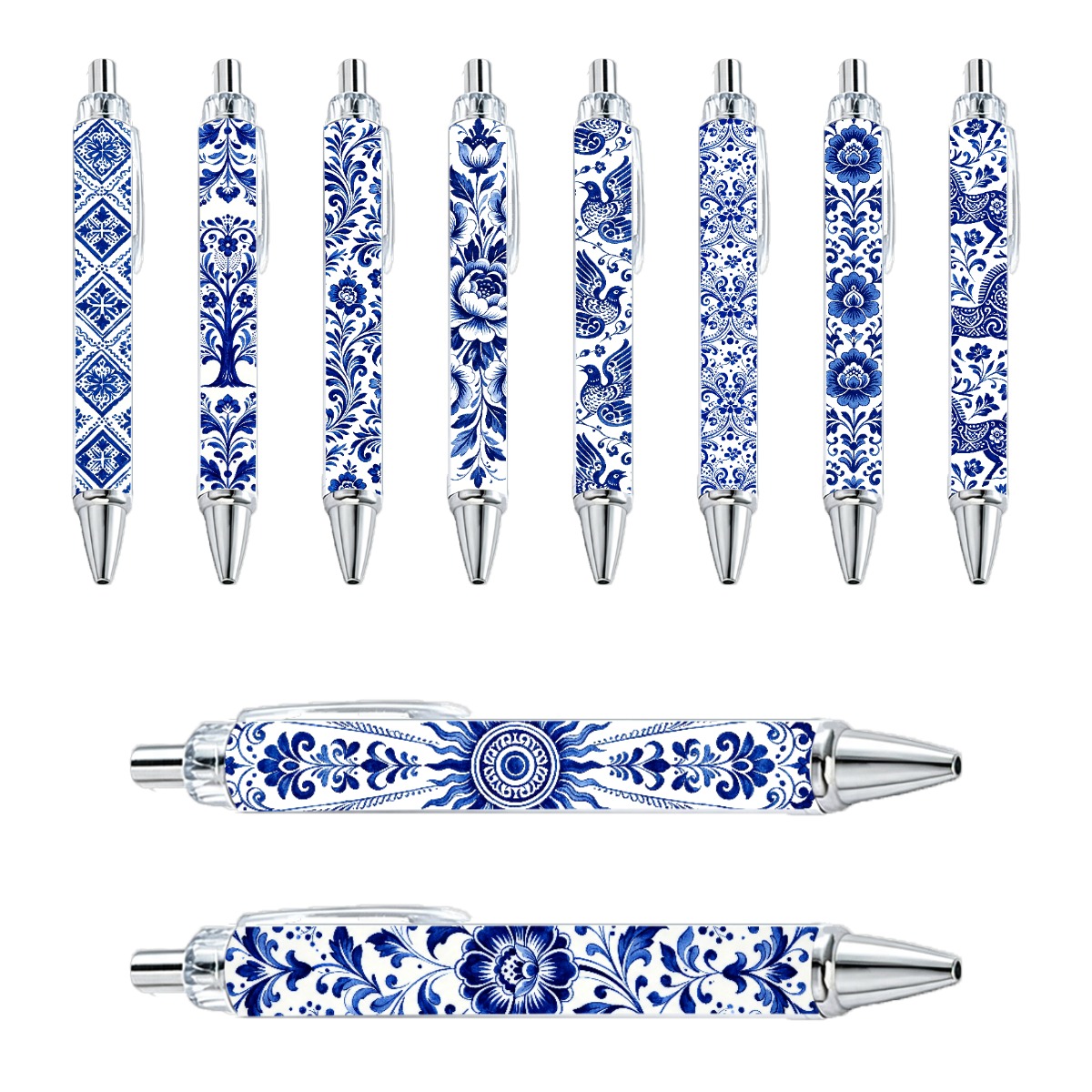 Delft Blue Inspired Retractable Gel Pens - 10-Pack