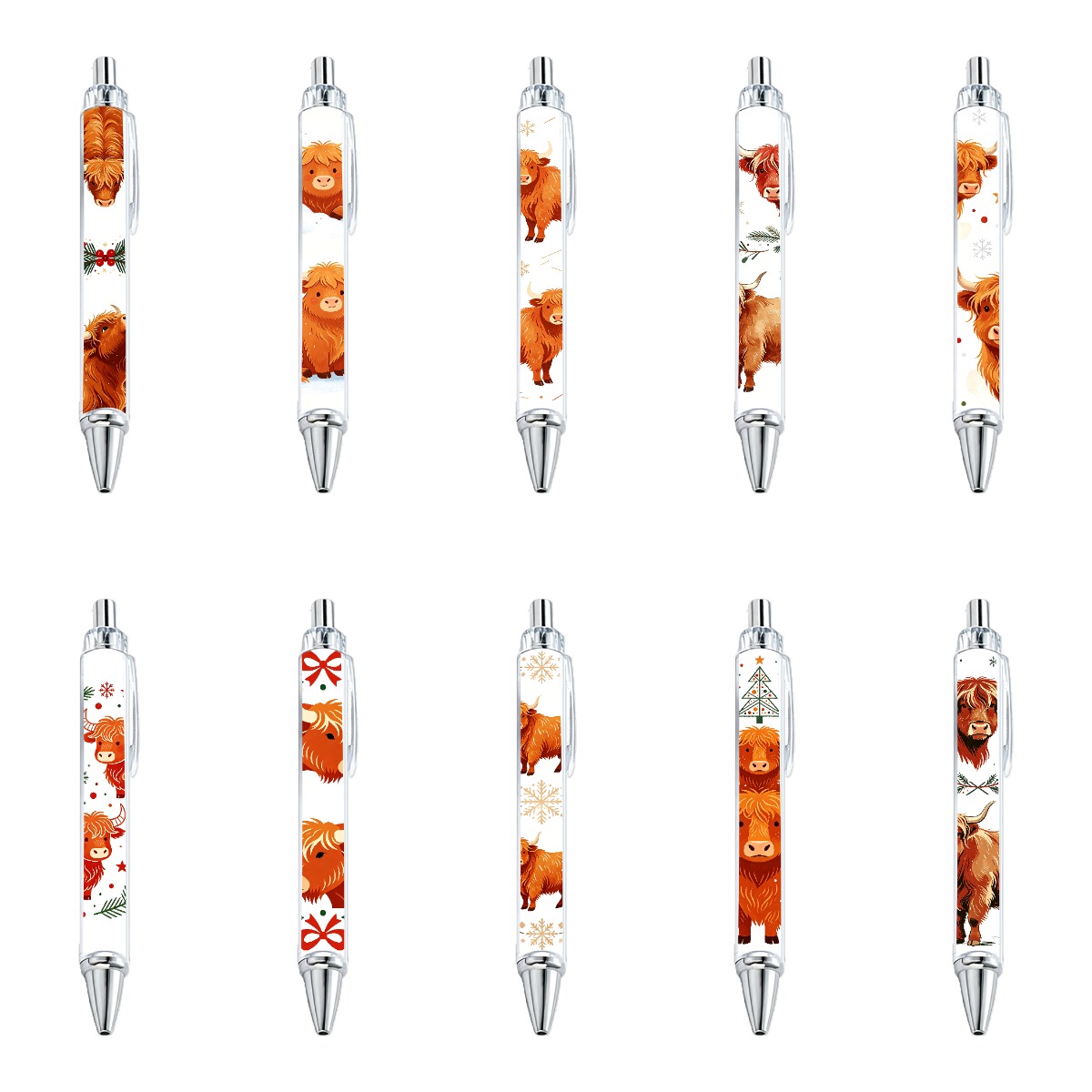 Festive Highland Cow Click Pens - 10-Pack