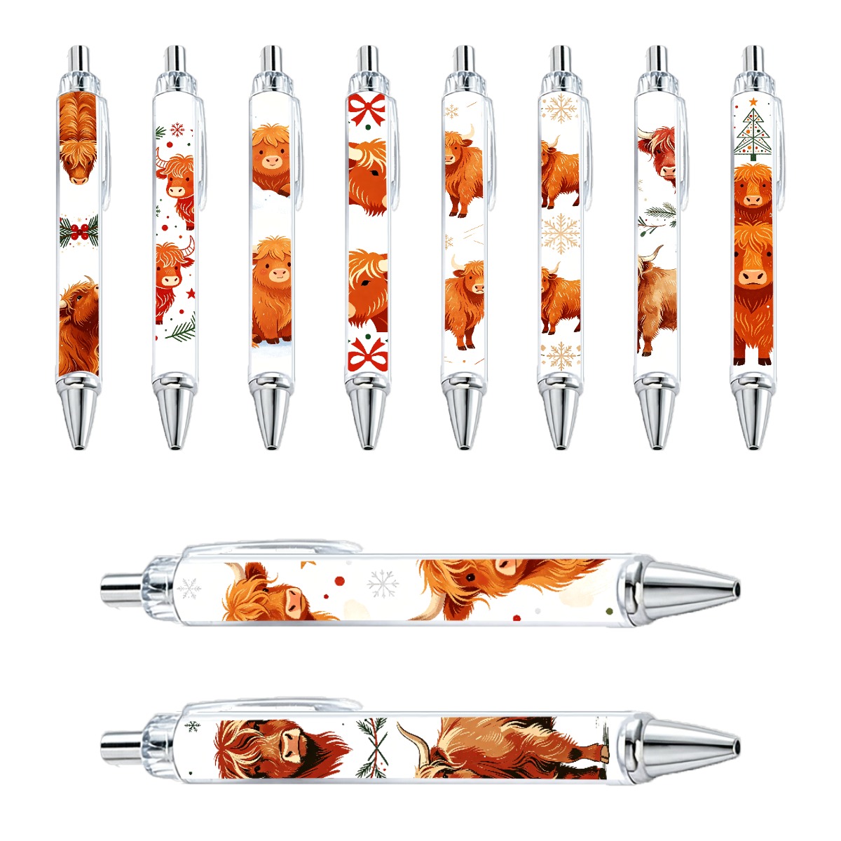 Festive Highland Cow Click Pens - 10-Pack