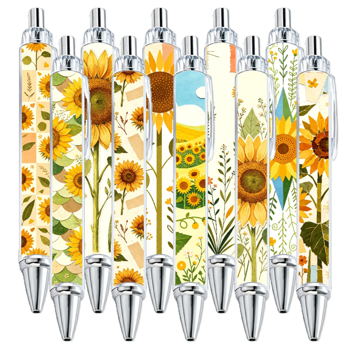 Sunflower Design Push-Button Pens - Set of 10