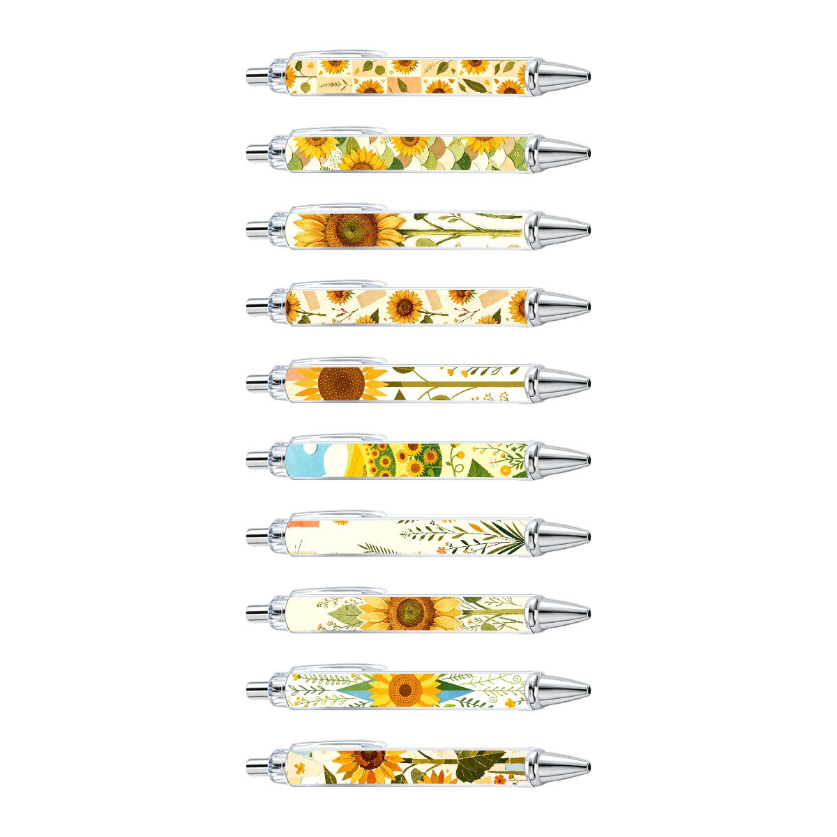 Sunflower Design Push-Button Pens - Set of 10