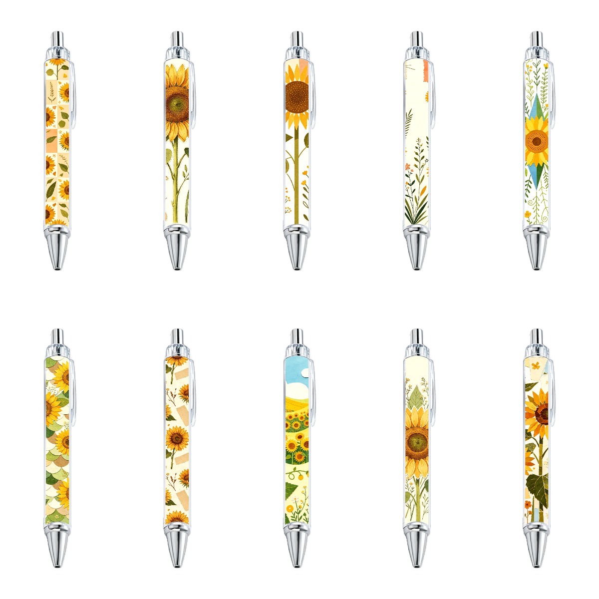 Sunflower Design Push-Button Pens - Set of 10