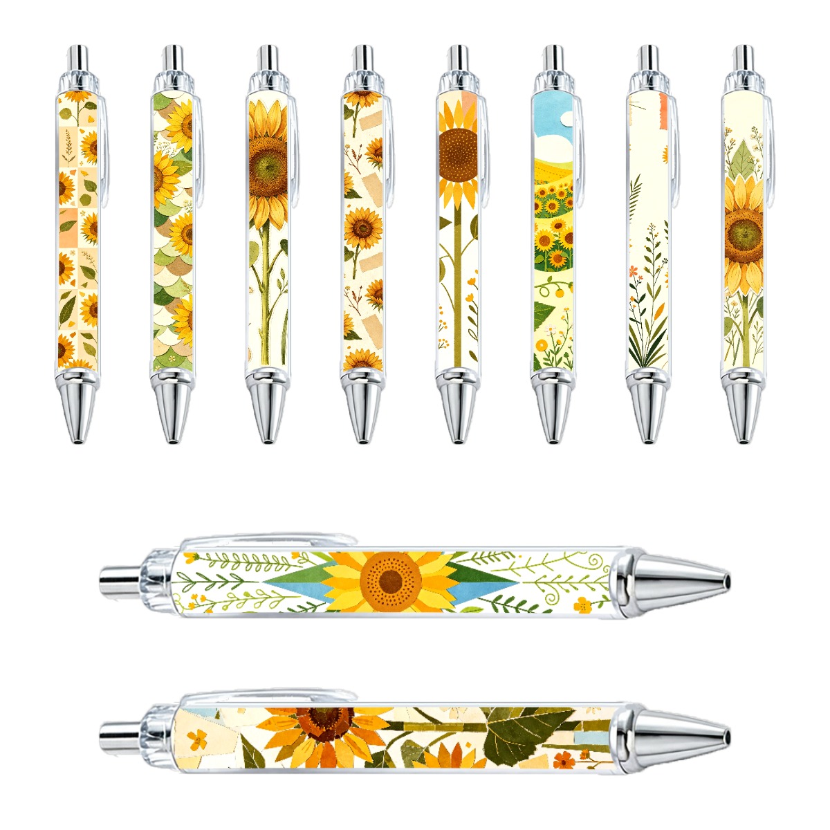 Sunflower Design Push-Button Pens - Set of 10
