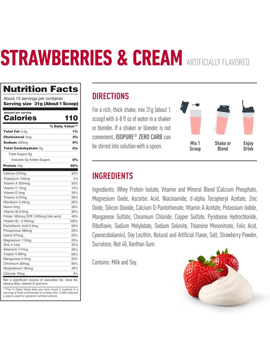 Zero Carb Whey Isolate Protein Powder | Strawberries & Cream, 1 Pound | Gluten Free | 15 Servings